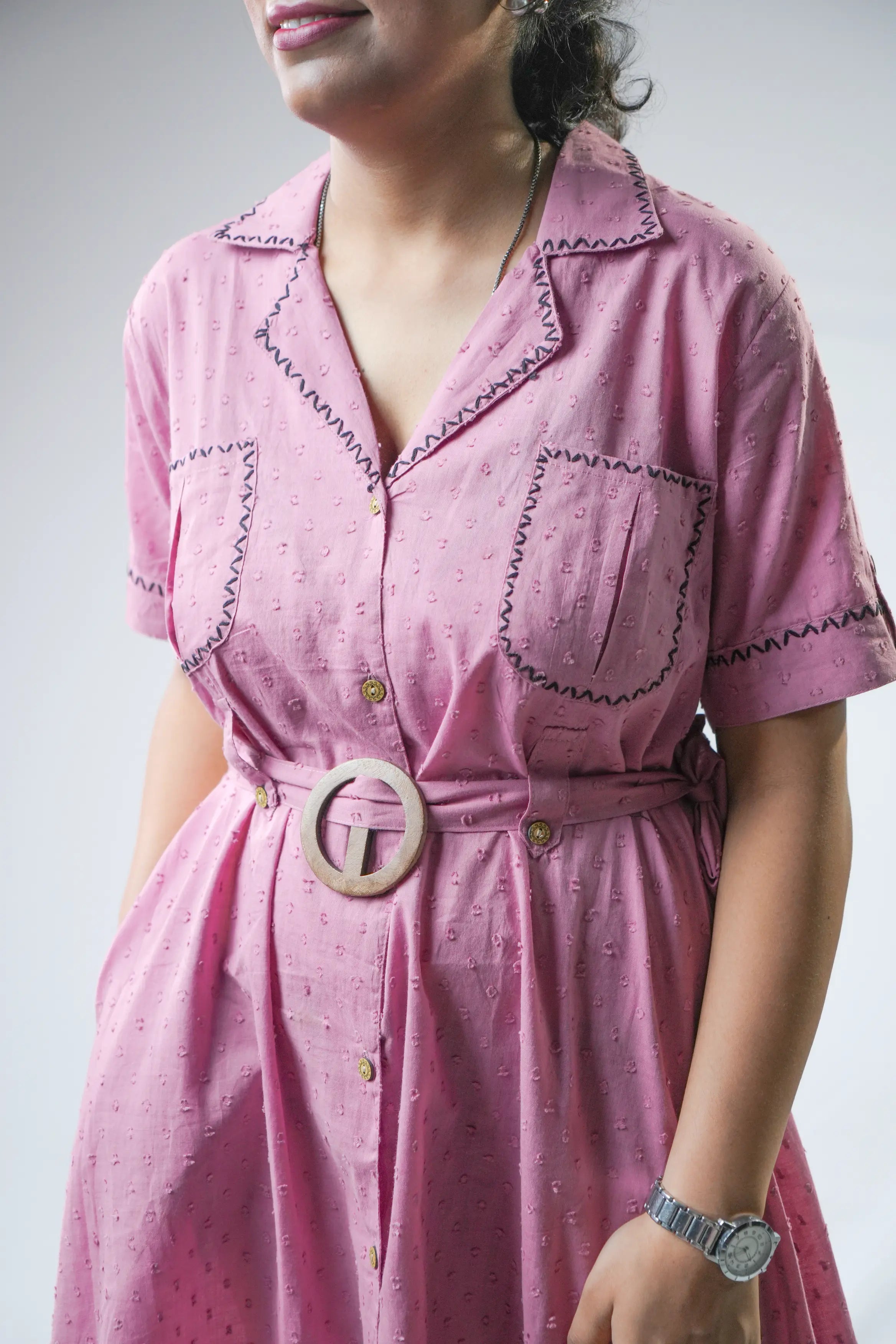 Pink Collared Button-Down Belted Shirt Dress