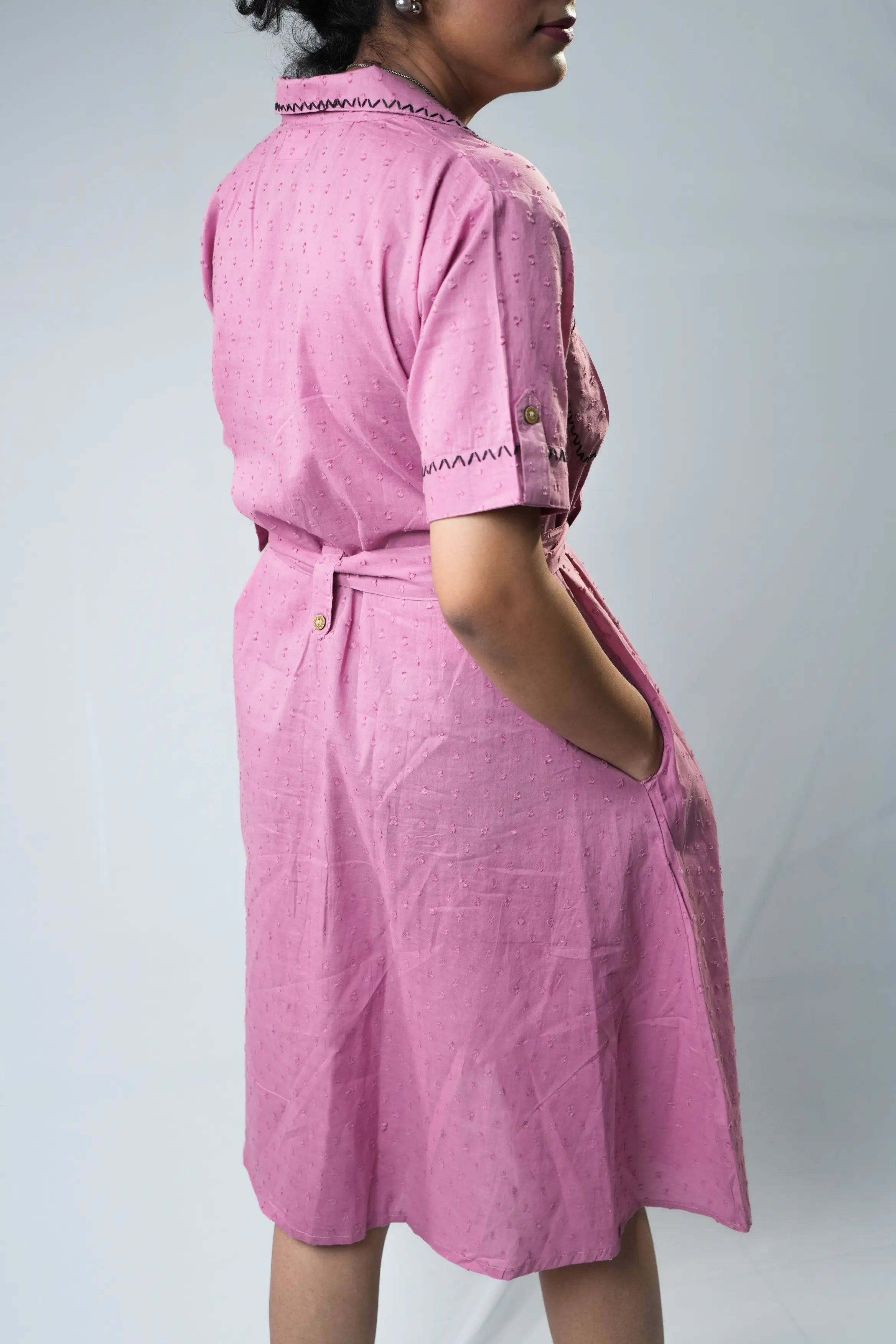 Pink Collared Button-Down Belted Shirt Dress