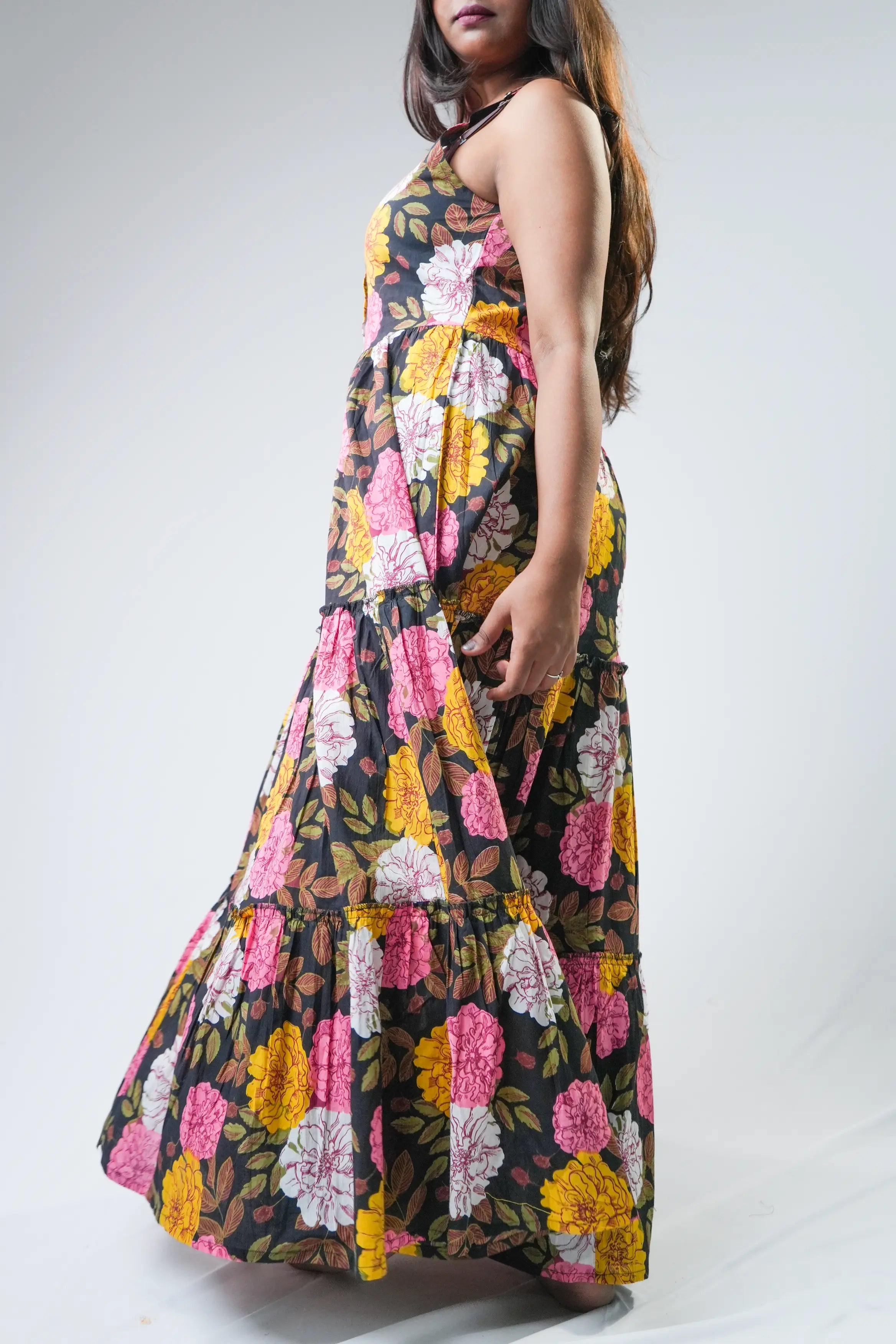 Black Garden Bloom Tiered Maxi Dress