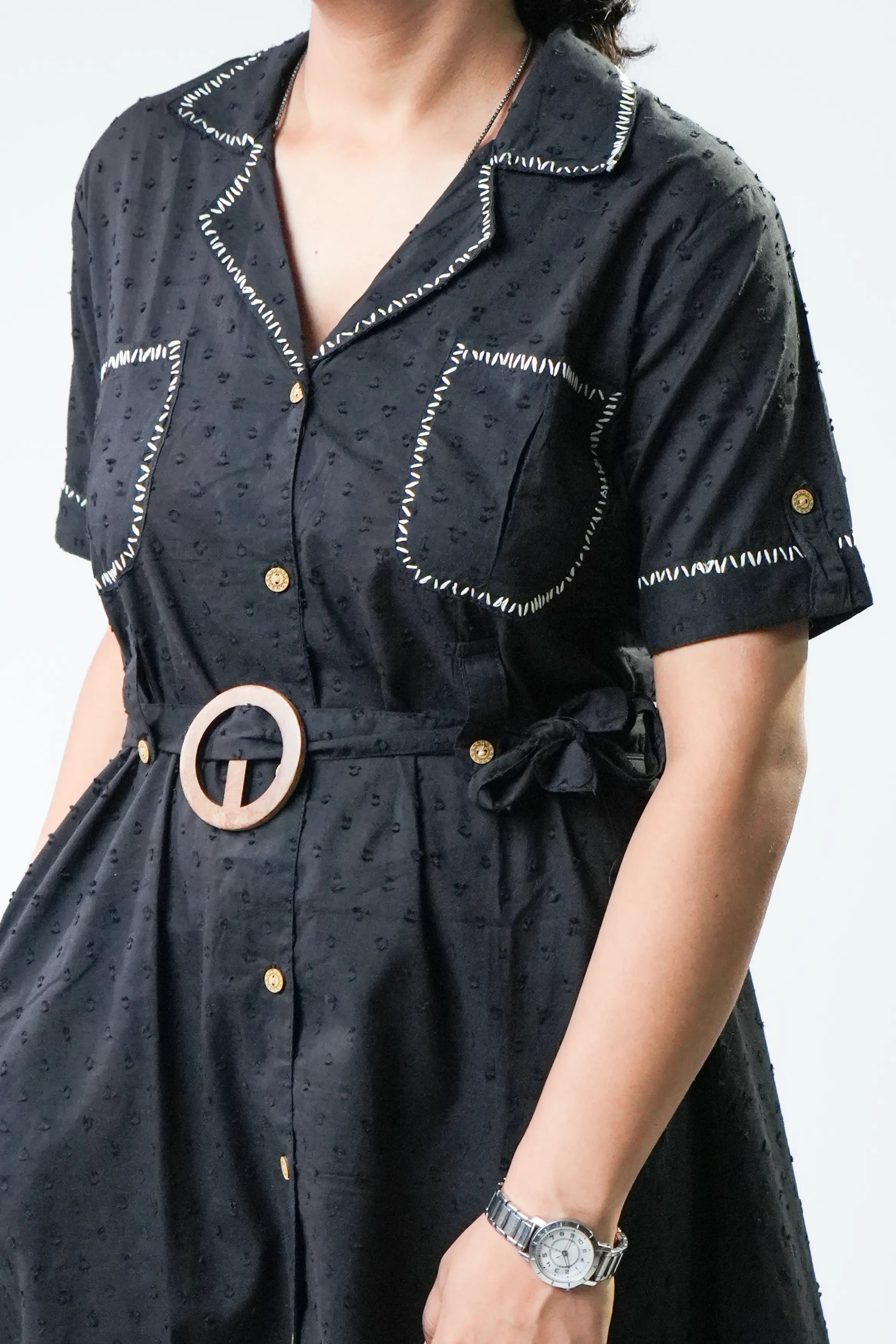 Classic Black Belted Short Sleeve Shirt Dress
