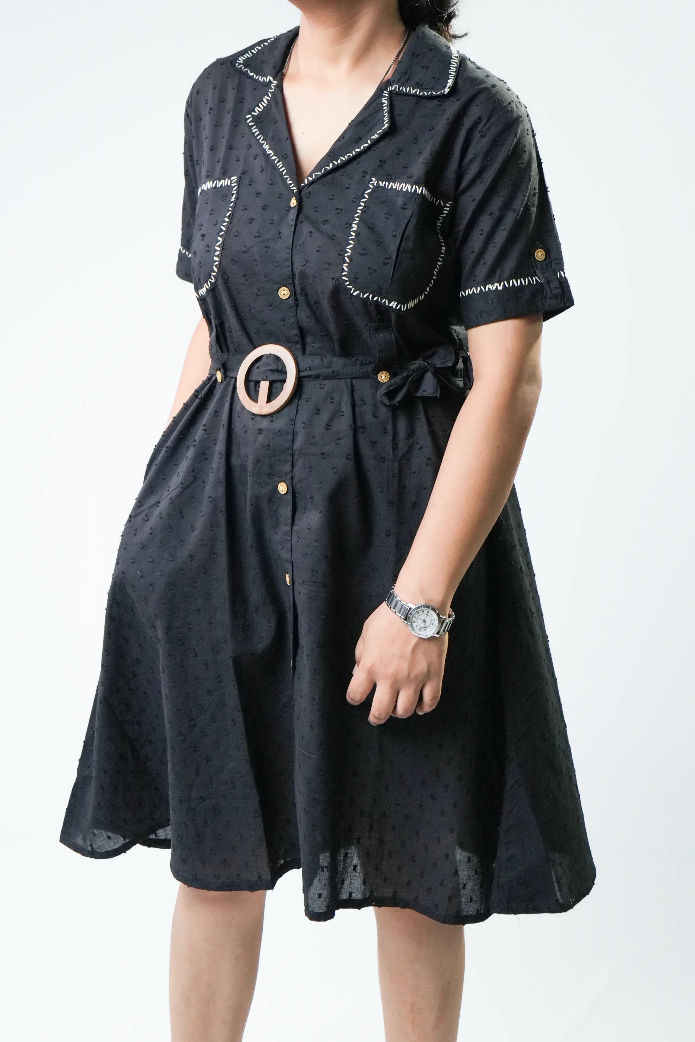 Classic Black Belted Short Sleeve Shirt Dress