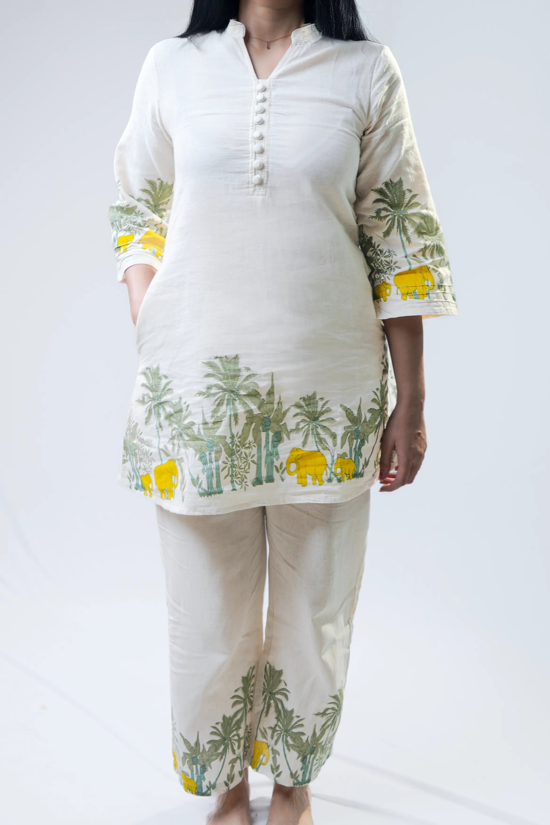 Off-White Tropical Border Printed Cotton Kurta Set