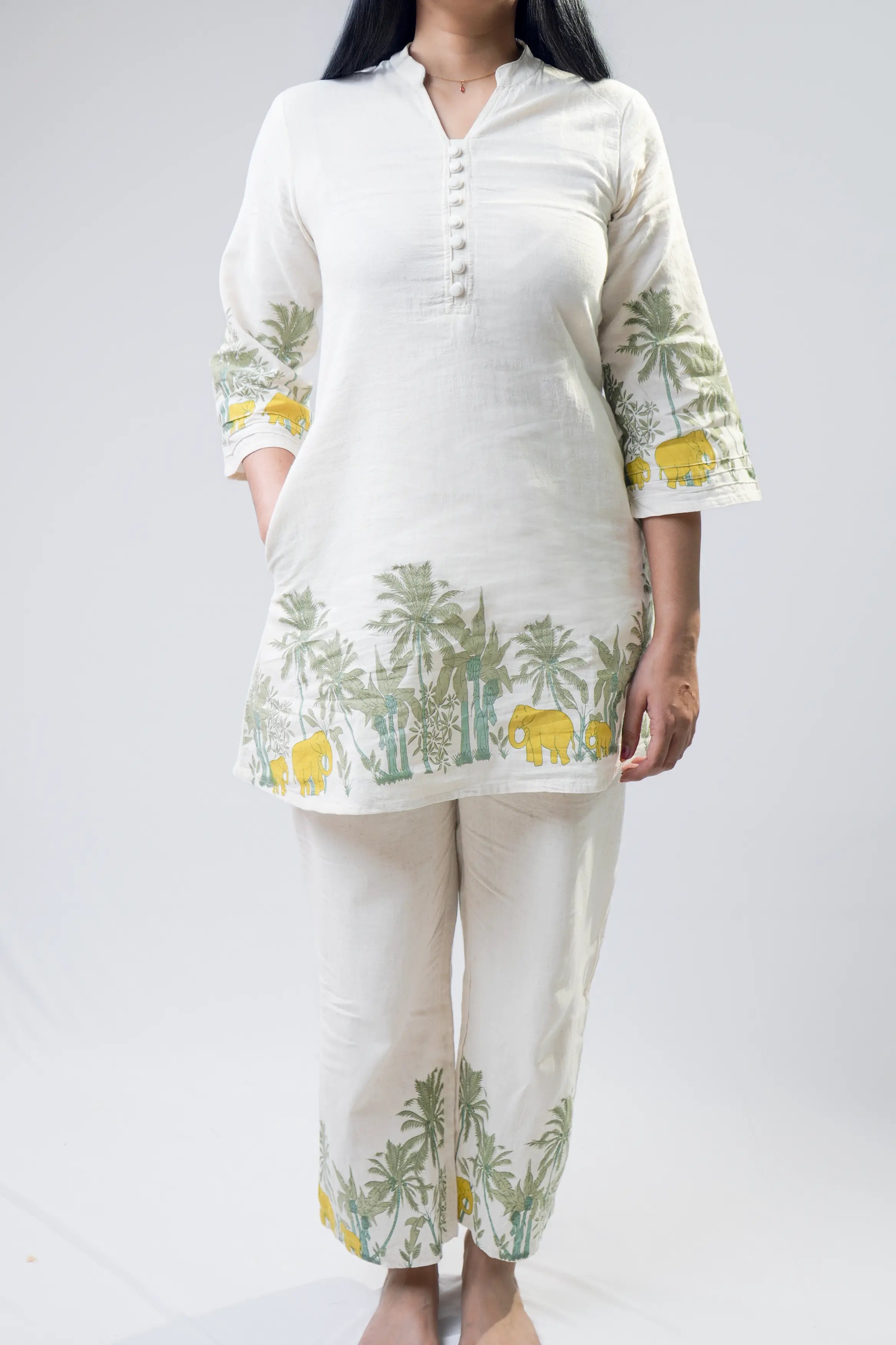 Off-White Tropical Border Printed Cotton Kurta Set