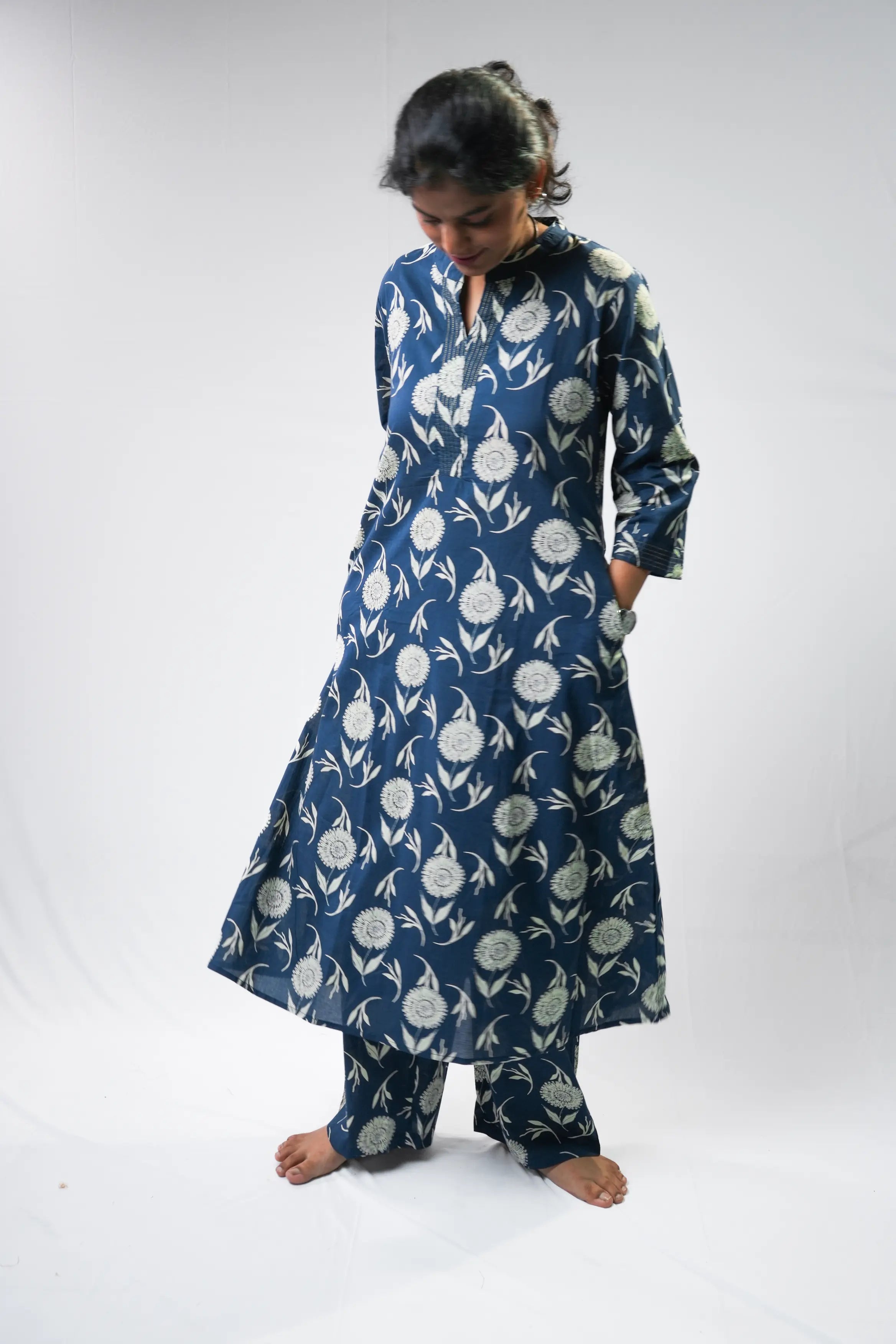 Navy Blue A-Line Floral Kurta Set