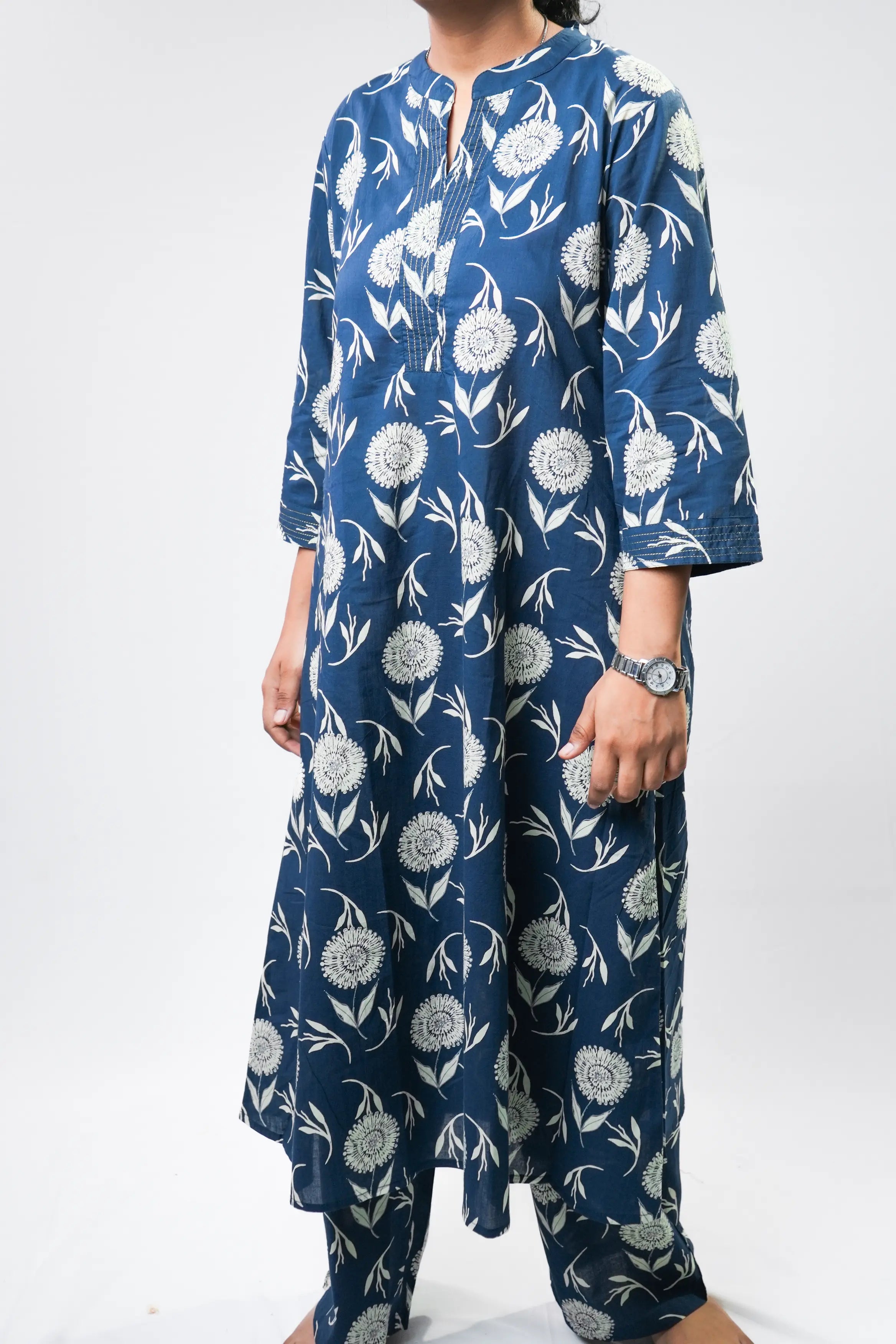 Navy Blue A-Line Floral Kurta Set