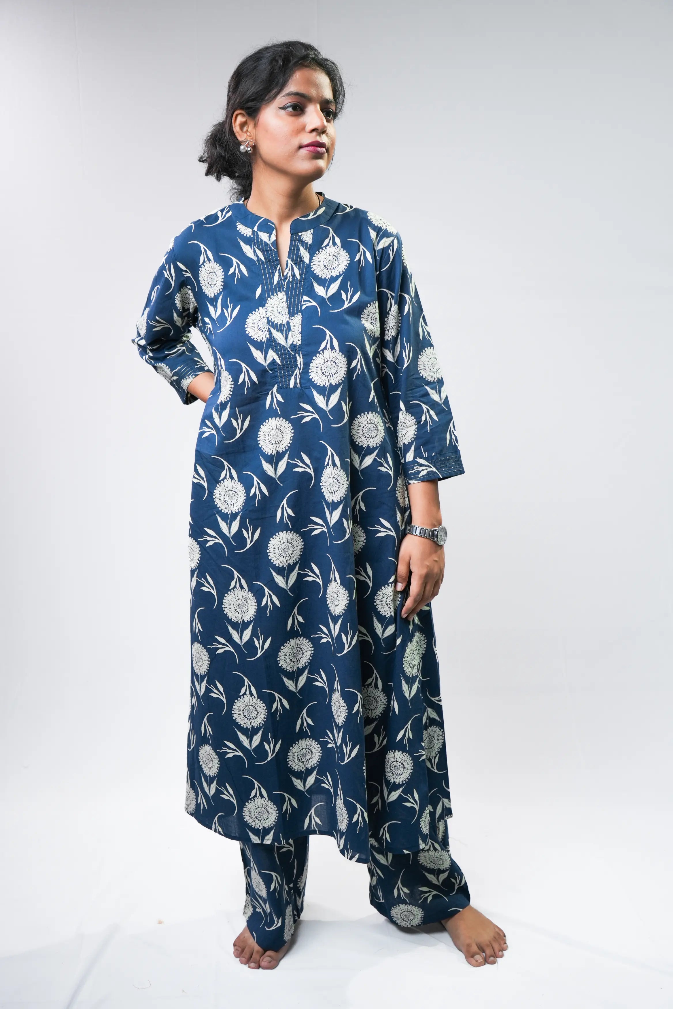 Navy Blue A-Line Floral Kurta Set
