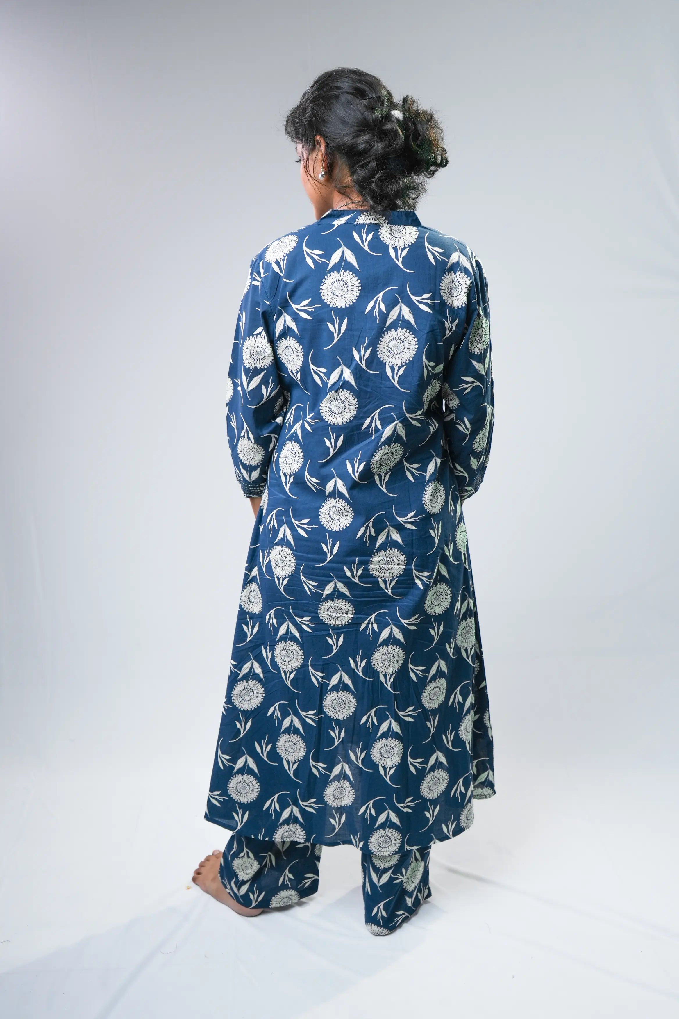 Navy Blue A-Line Floral Kurta Set