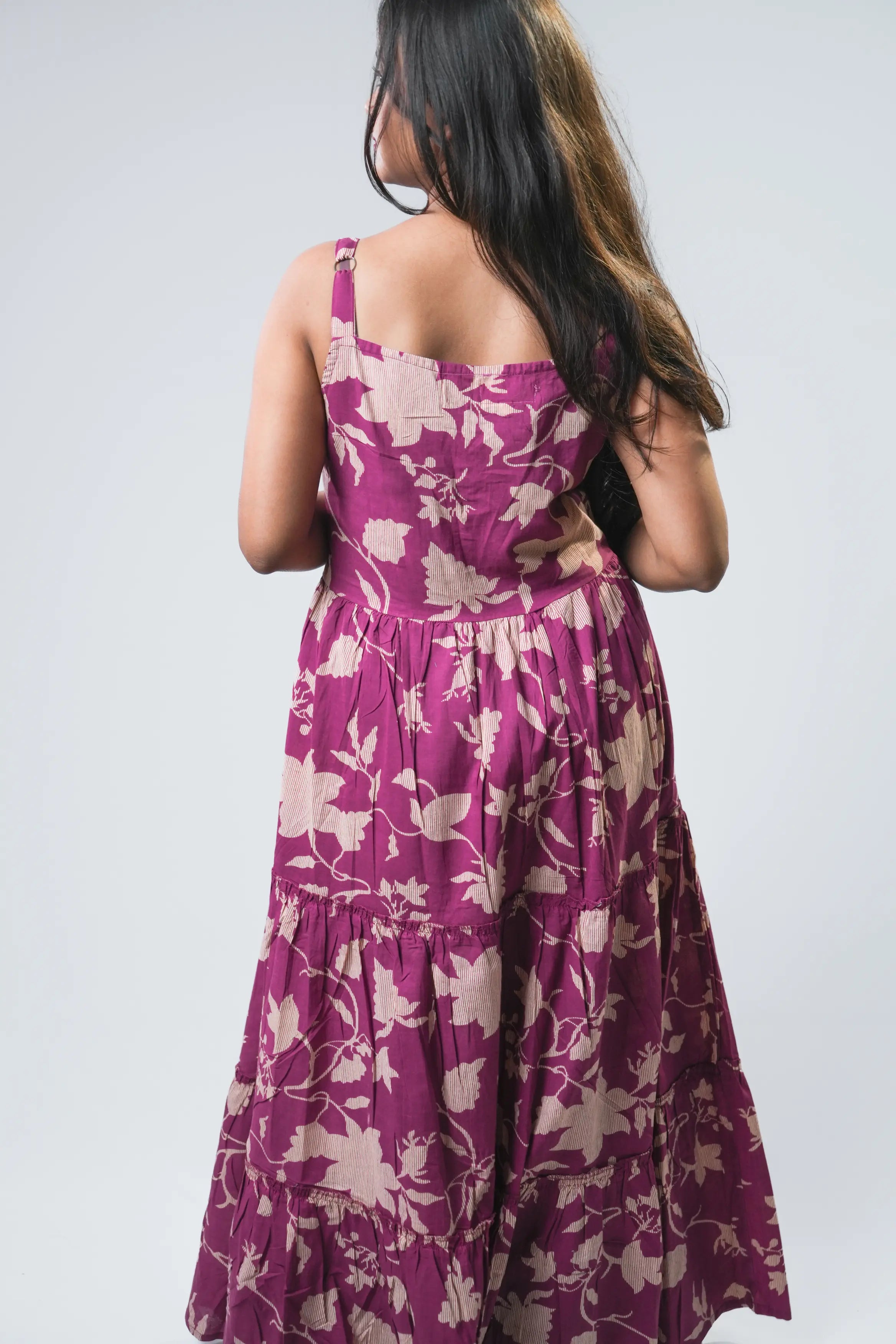 Mauve Blossom Spaghetti Strap Tiered Maxi Dress