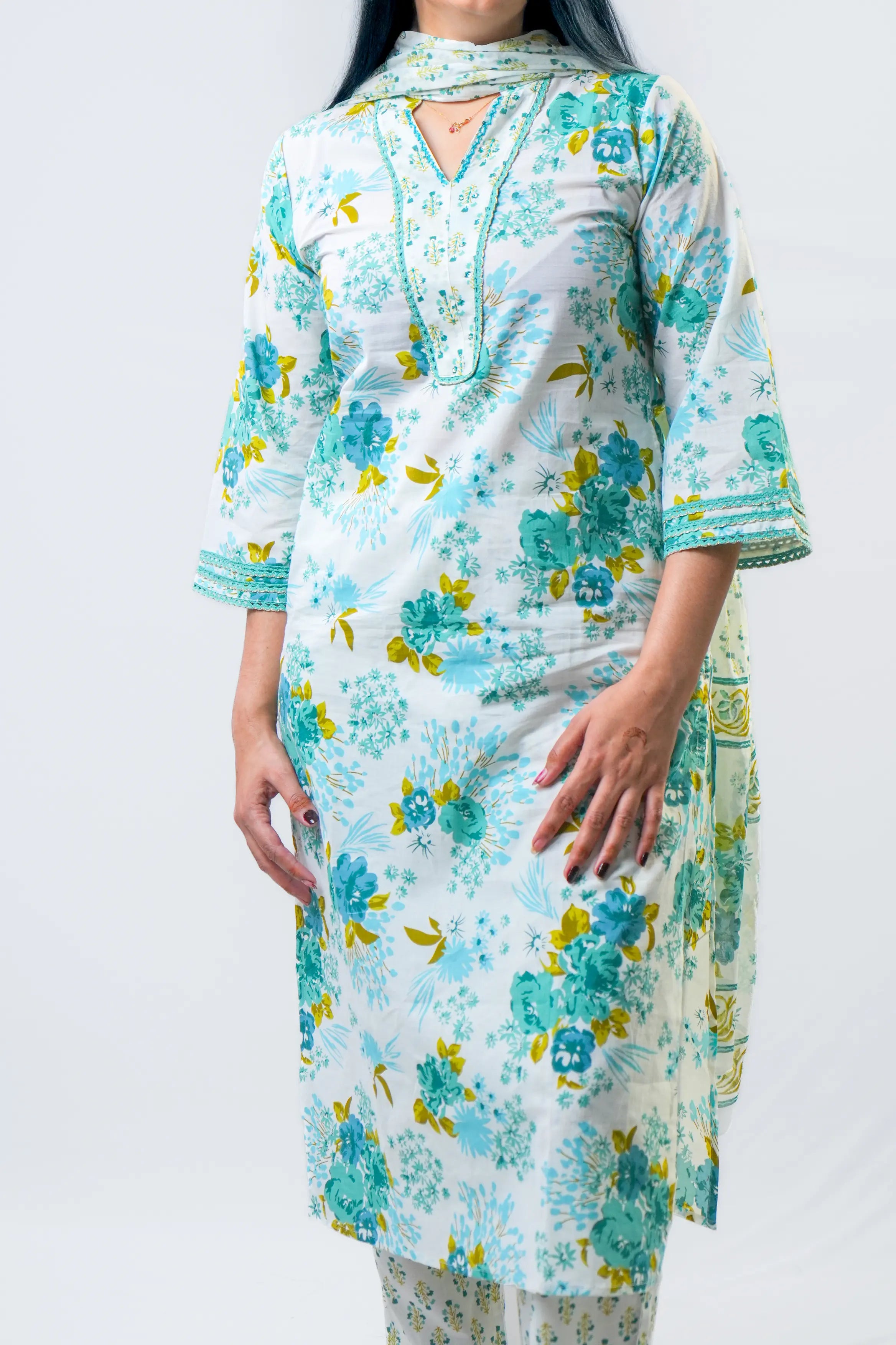 White & Turquoise Floral Straight Kurta Set with Dupatta