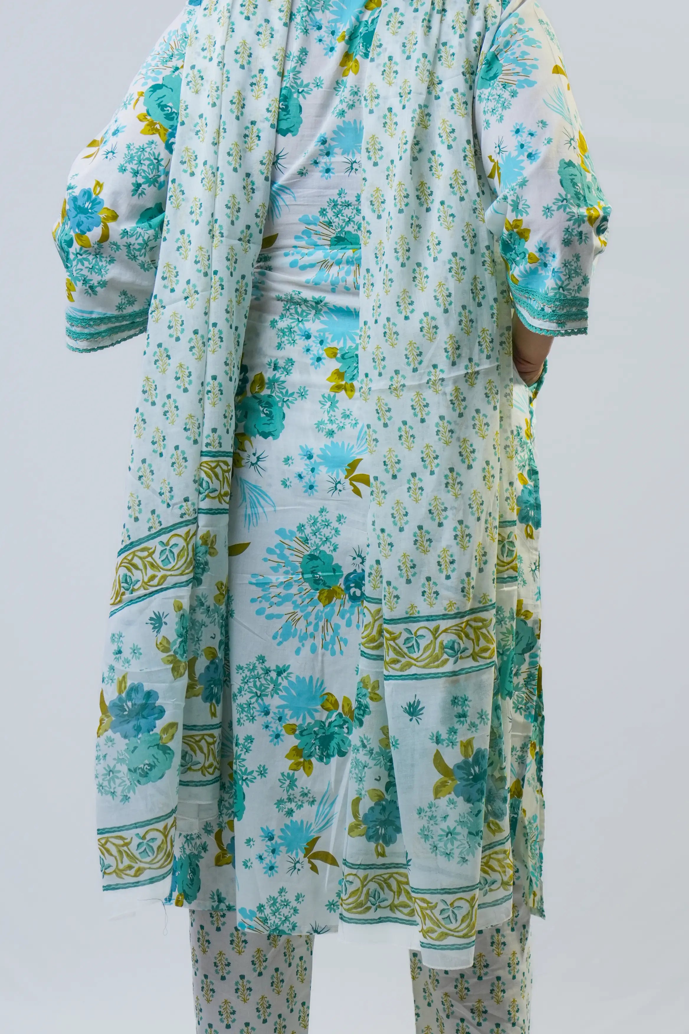 White & Turquoise Floral Straight Kurta Set with Dupatta
