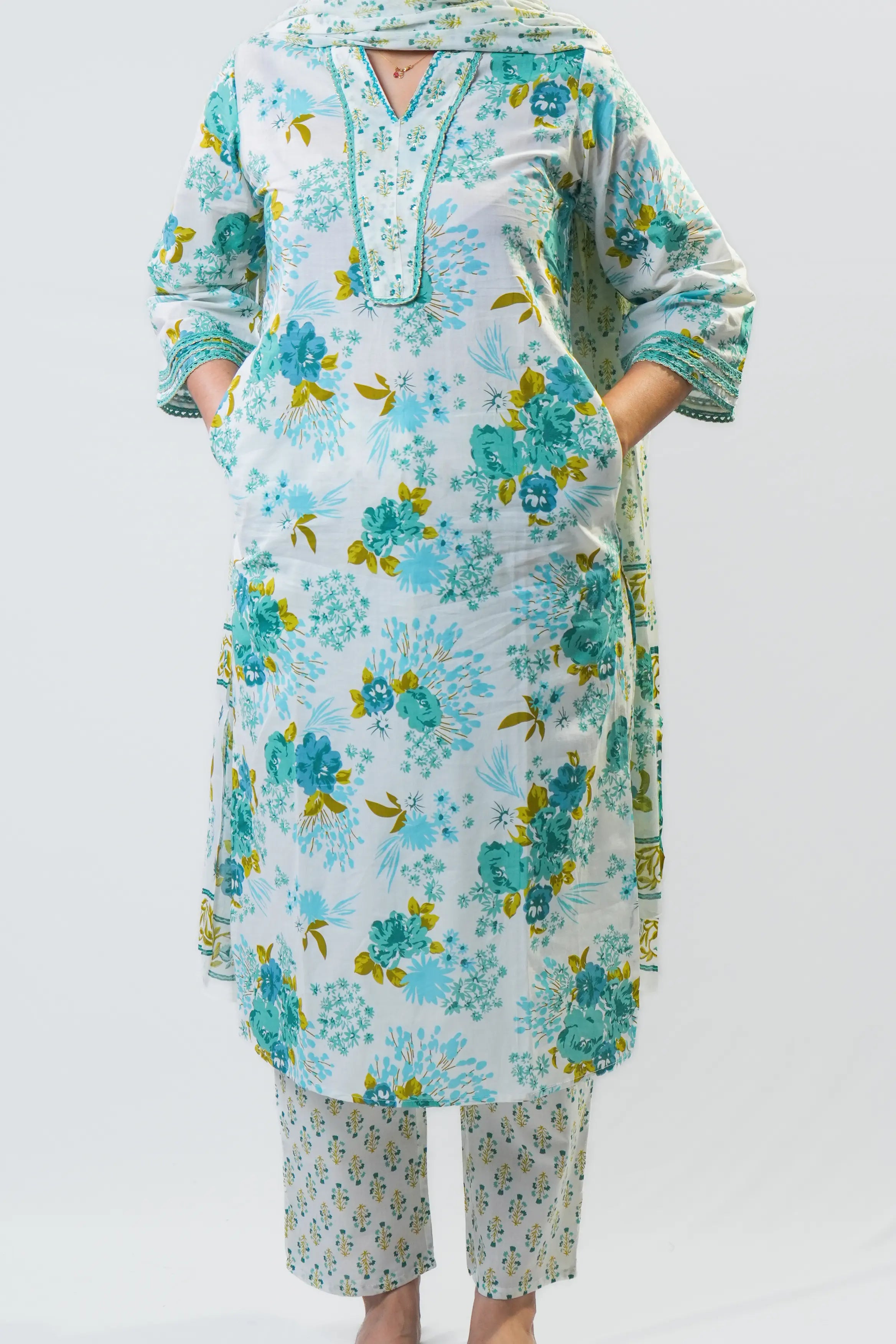 White & Turquoise Floral Straight Kurta Set with Dupatta