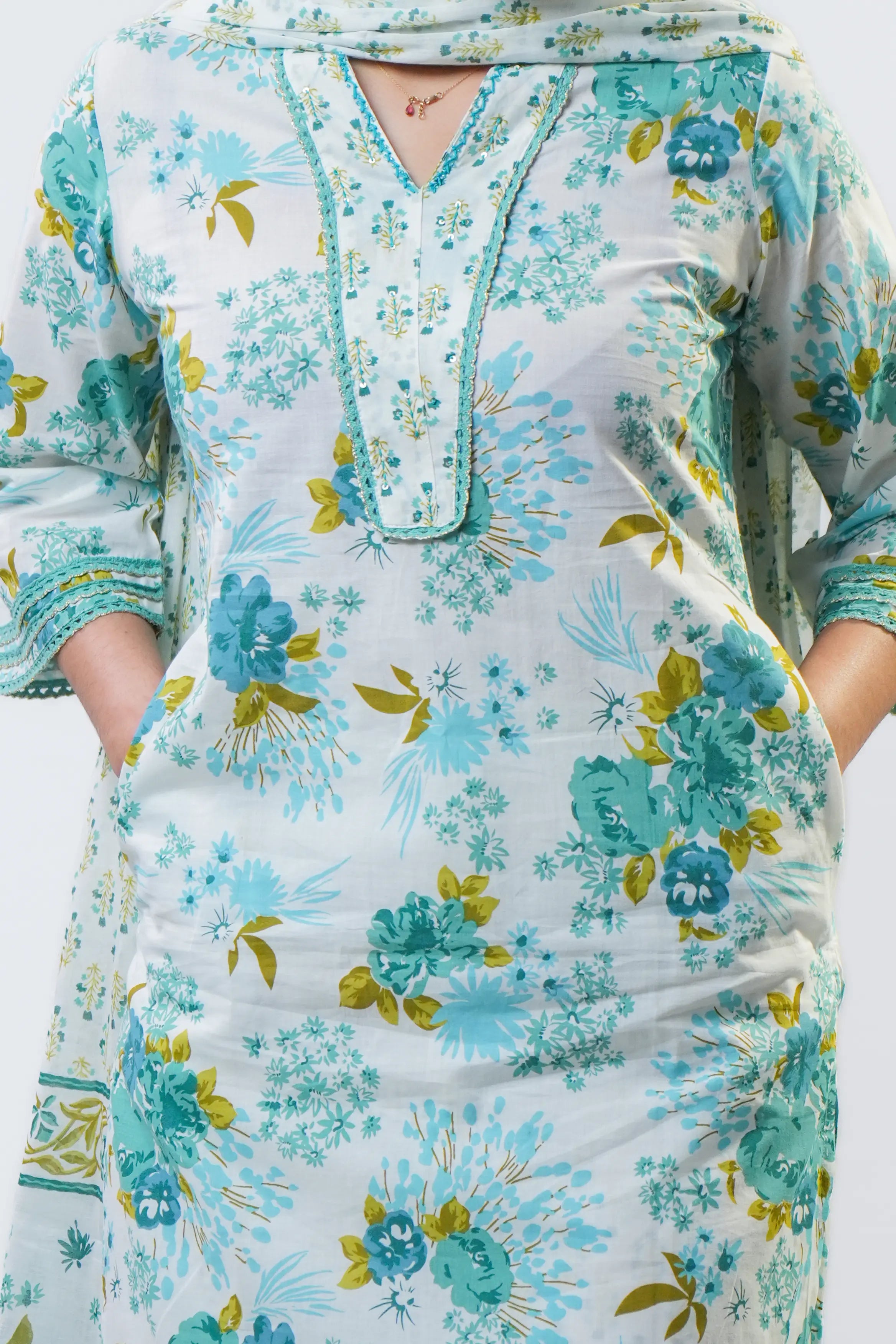 White & Turquoise Floral Straight Kurta Set with Dupatta