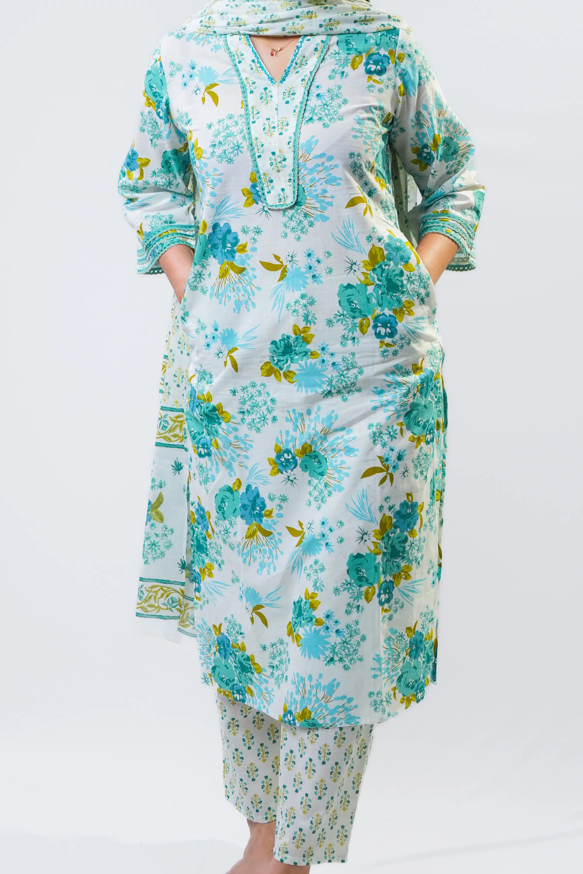 White & Turquoise Floral Straight Kurta Set with Dupatta