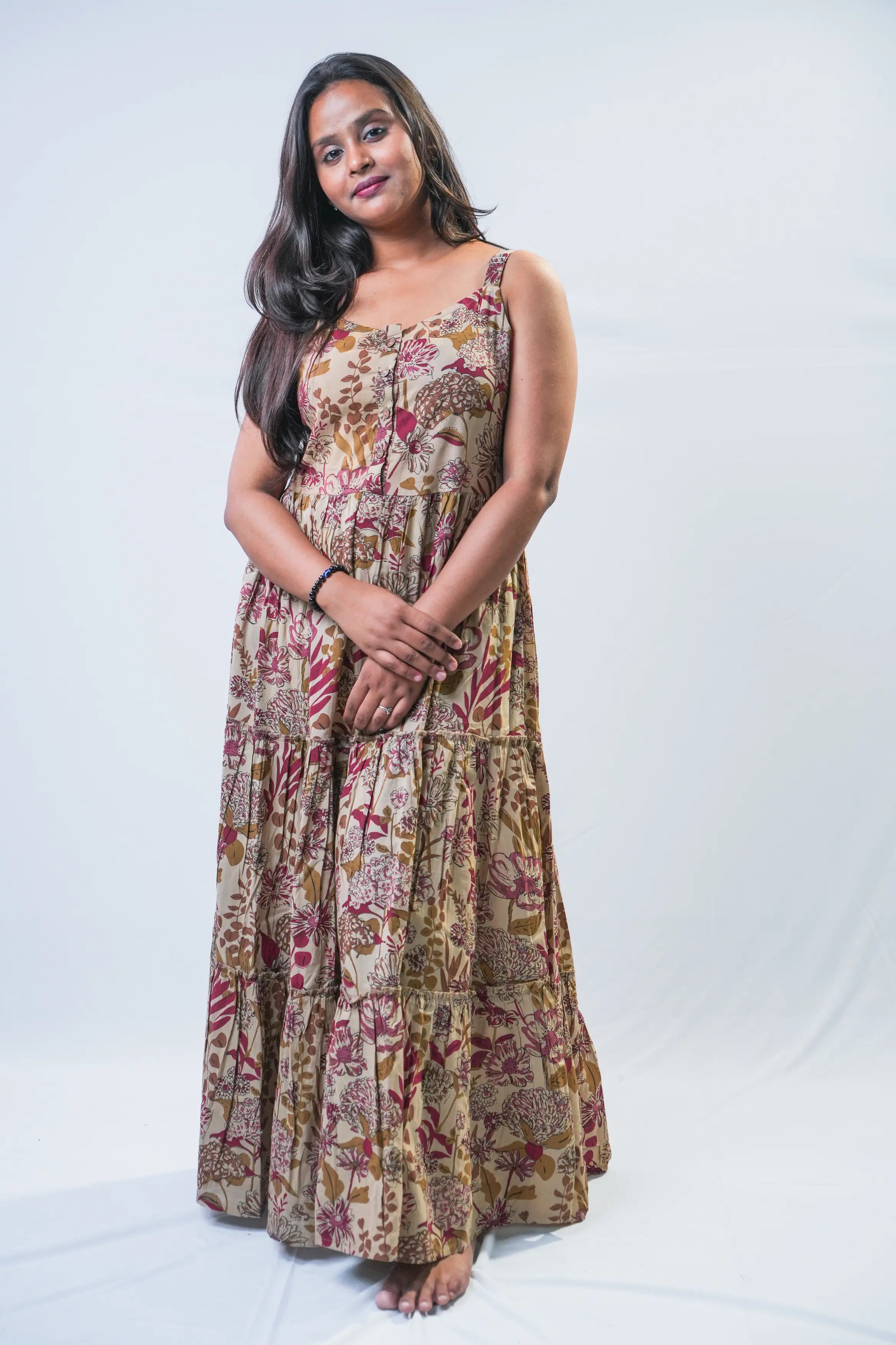 Taupe & Maroon Botanical Tiered Maxi Dress