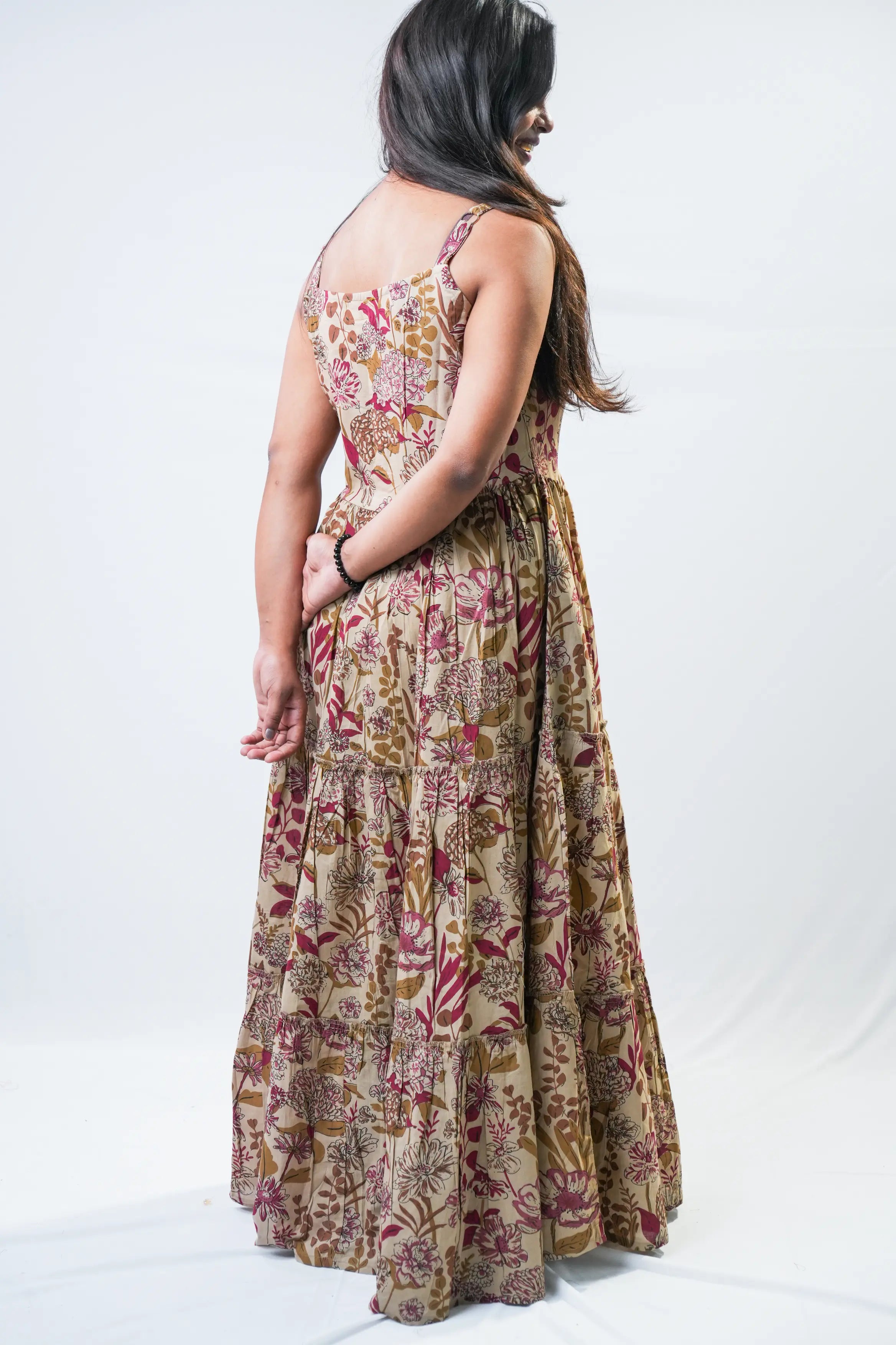 Taupe & Maroon Botanical Tiered Maxi Dress