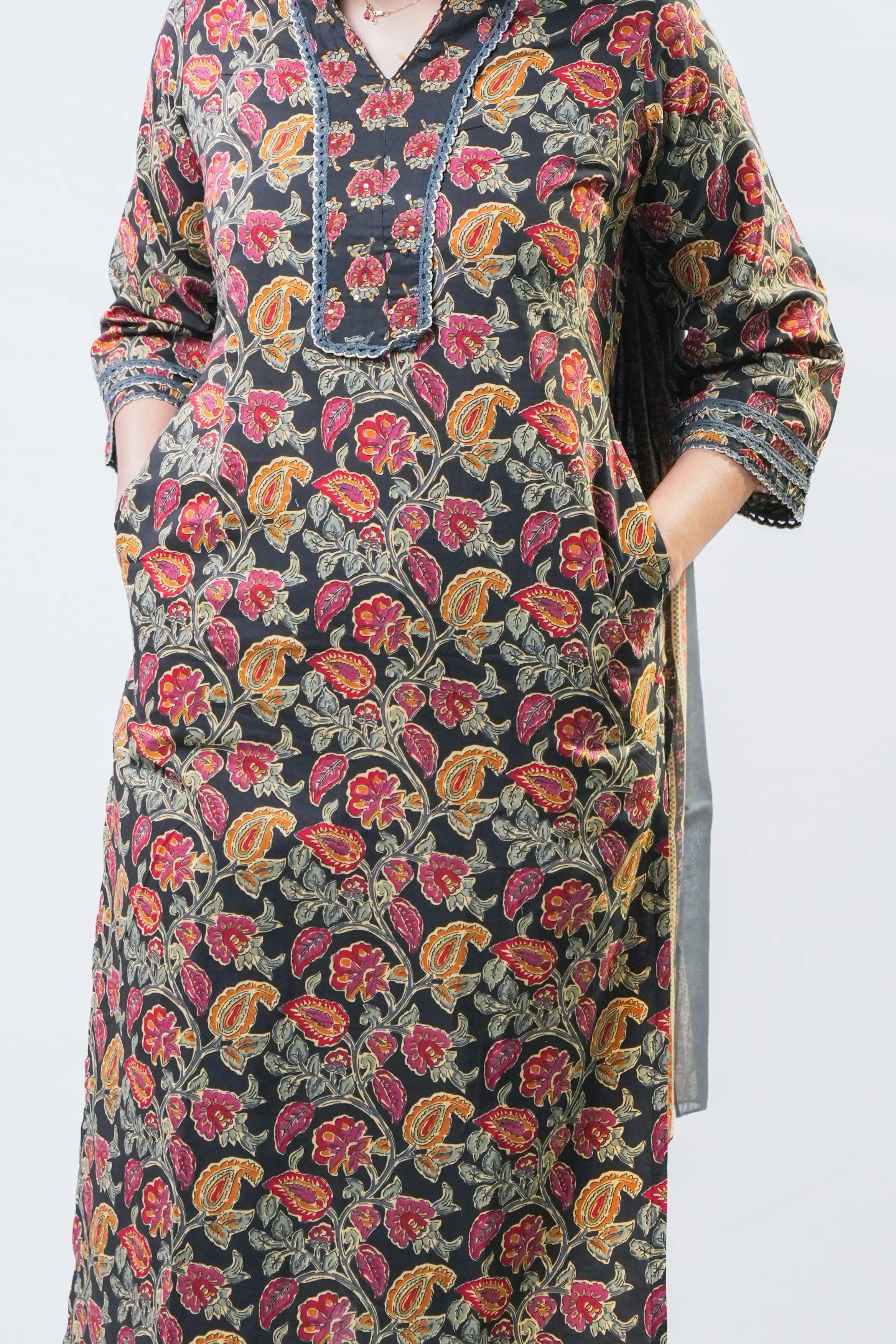 Black Autumn Floral Print Straight Kurta Set with Dupatta