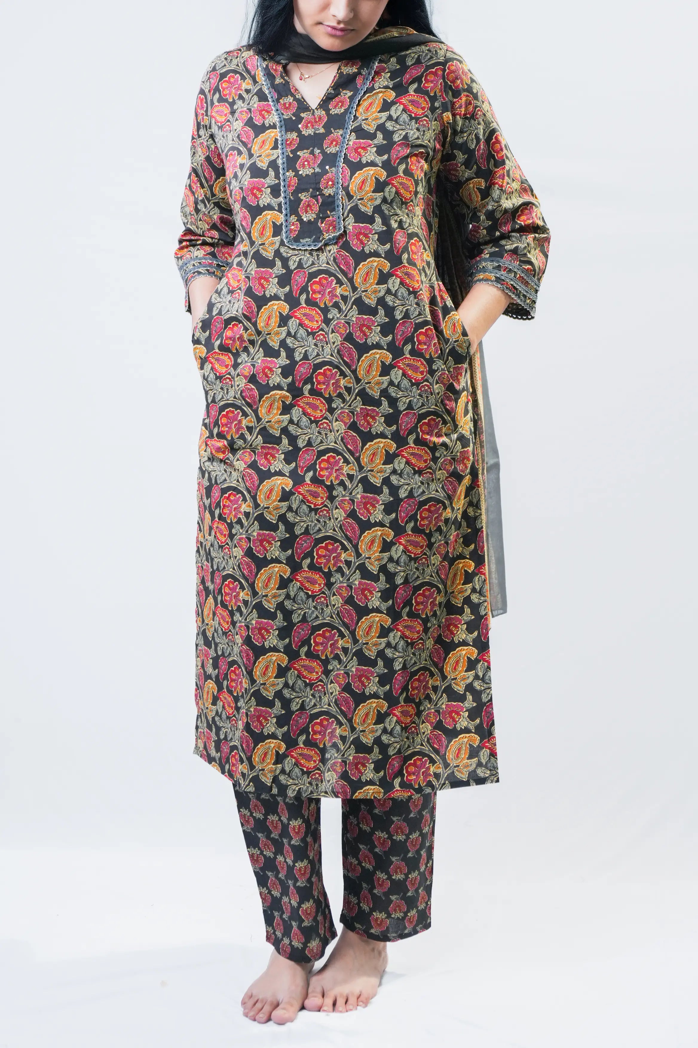 Black Autumn Floral Print Straight Kurta Set with Dupatta