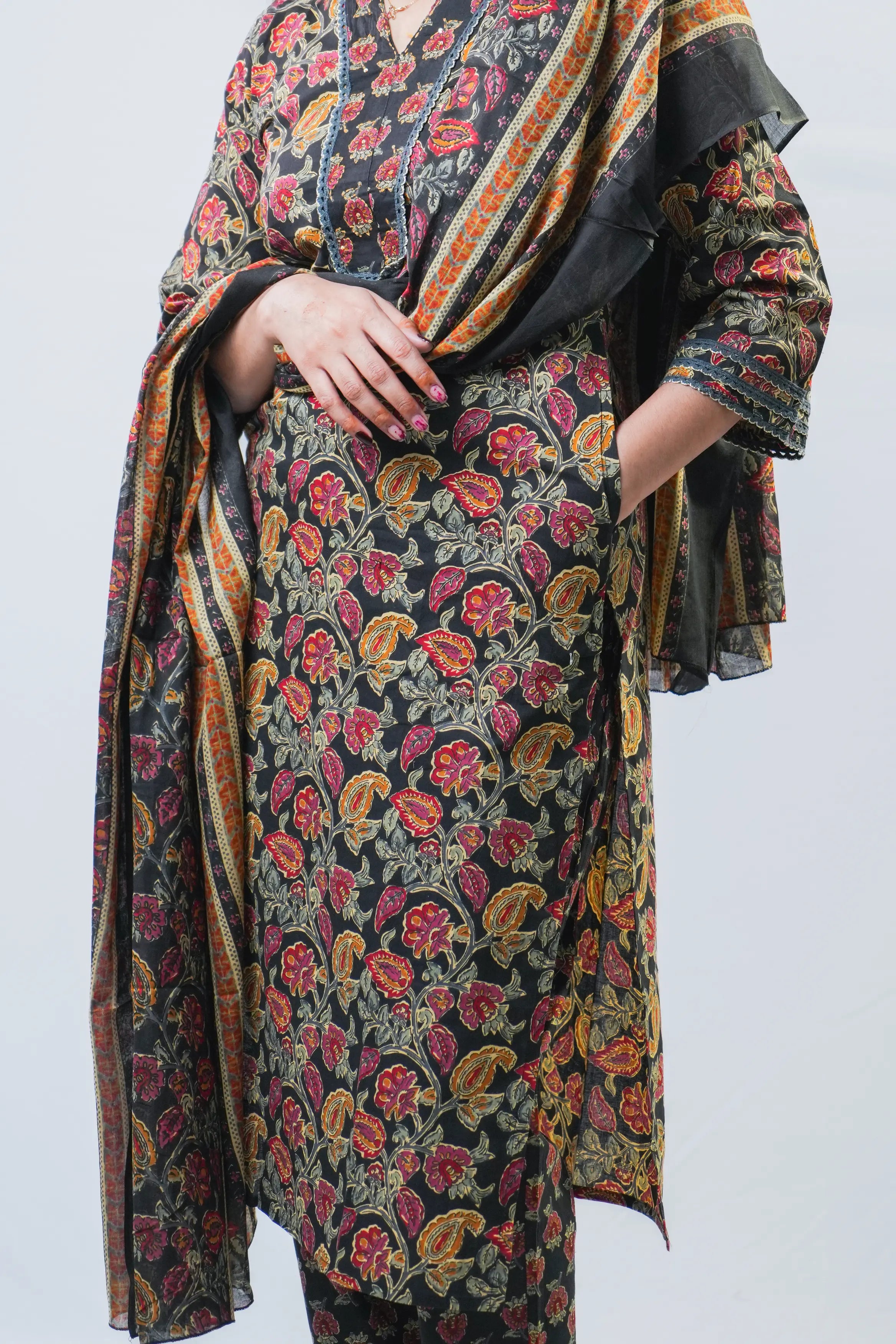 Black Autumn Floral Print Straight Kurta Set with Dupatta
