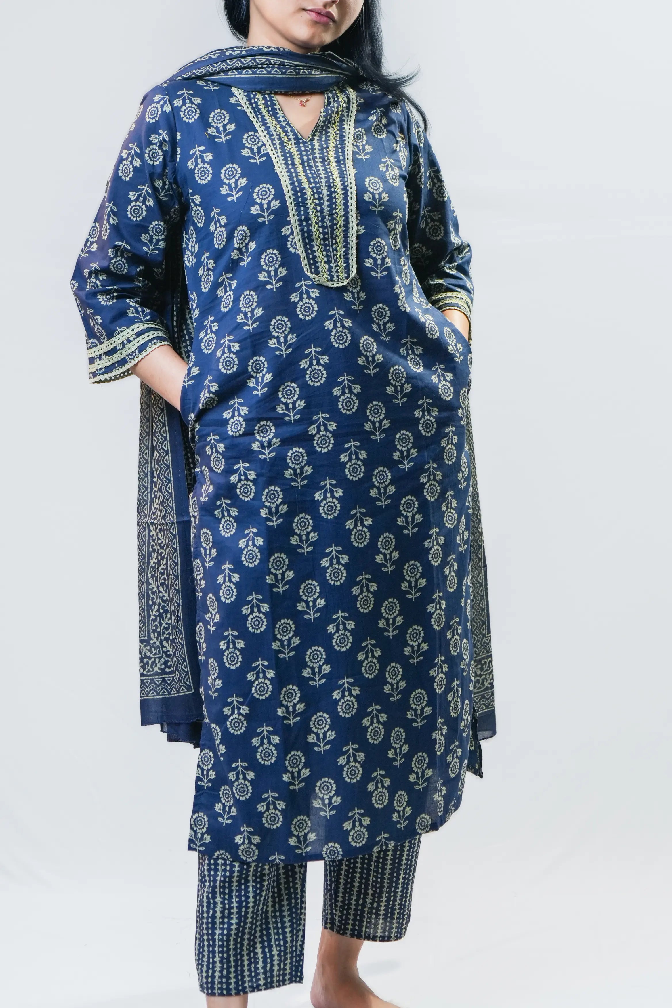 Navy Blue Traditional Buti Straight Kurta Set with Dupatta