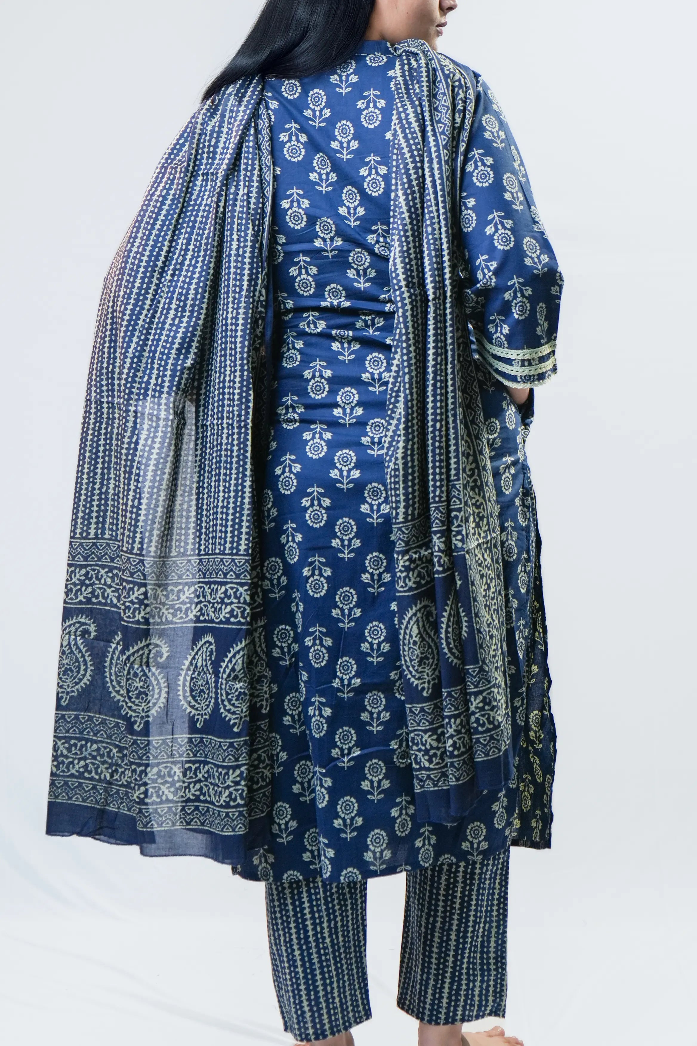 Navy Blue Traditional Buti Straight Kurta Set with Dupatta
