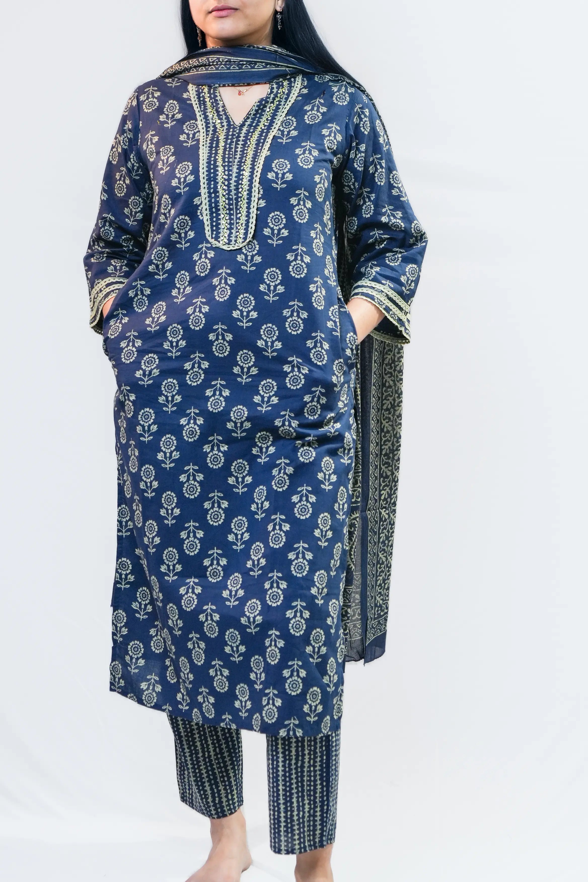 Navy Blue Traditional Buti Straight Kurta Set with Dupatta
