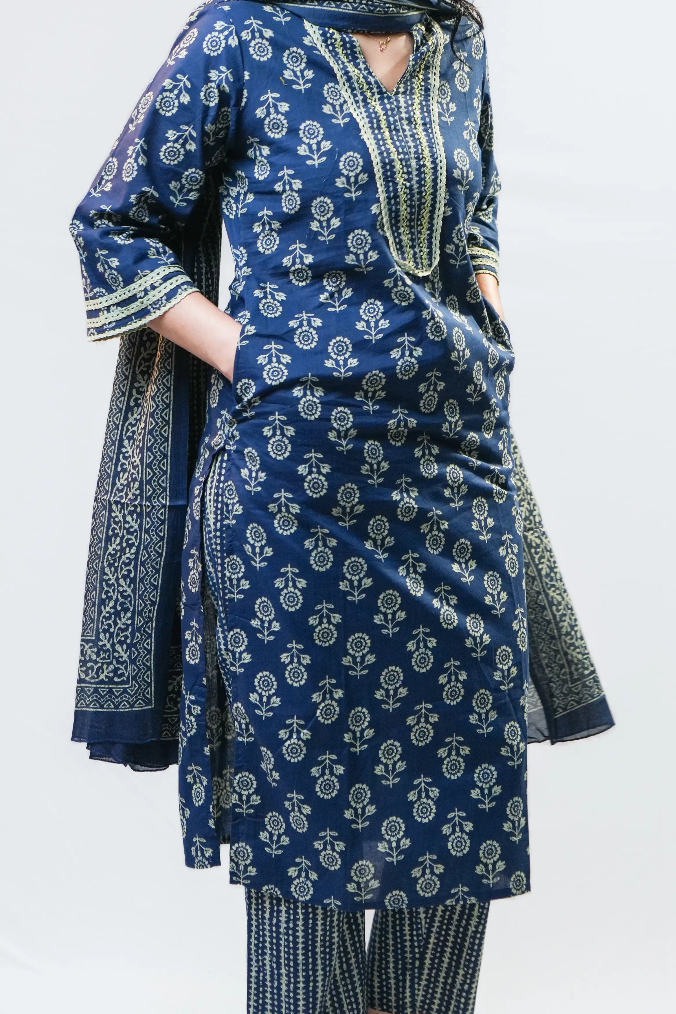 Navy Blue Traditional Buti Straight Kurta Set with Dupatta