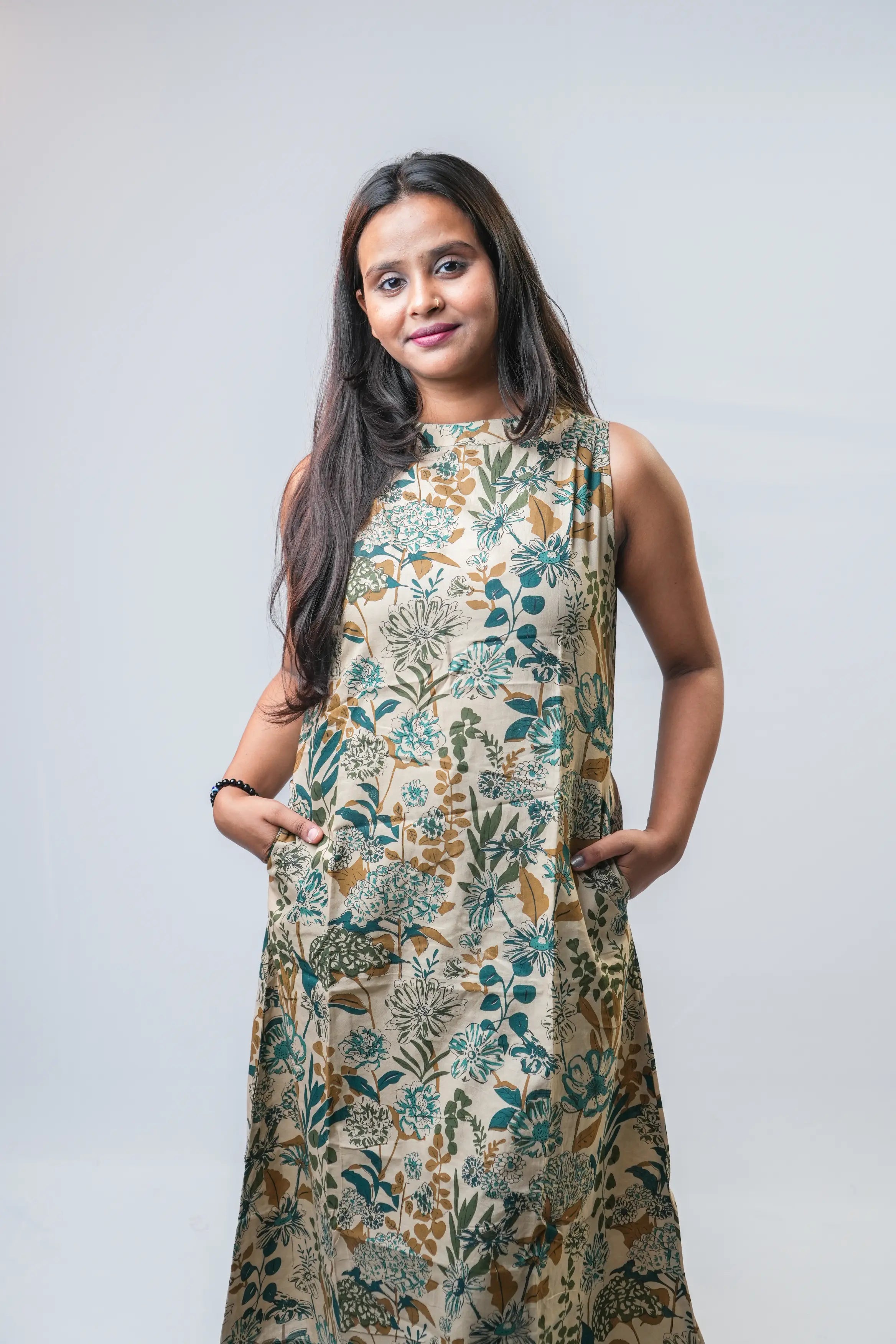 Beige Botanical Print Sleeveless A-Line Kurta Set