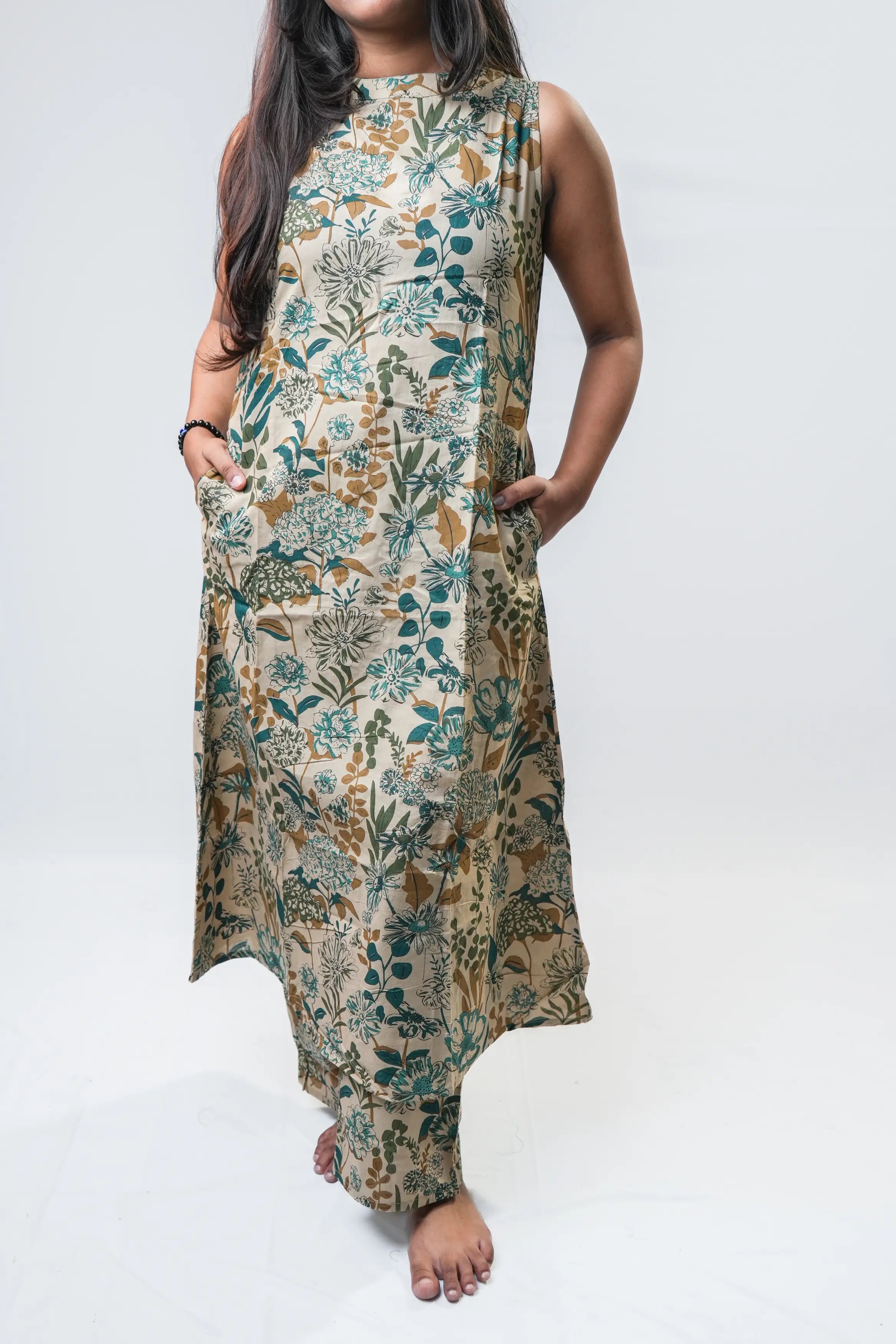 Beige Botanical Print Sleeveless A-Line Kurta Set