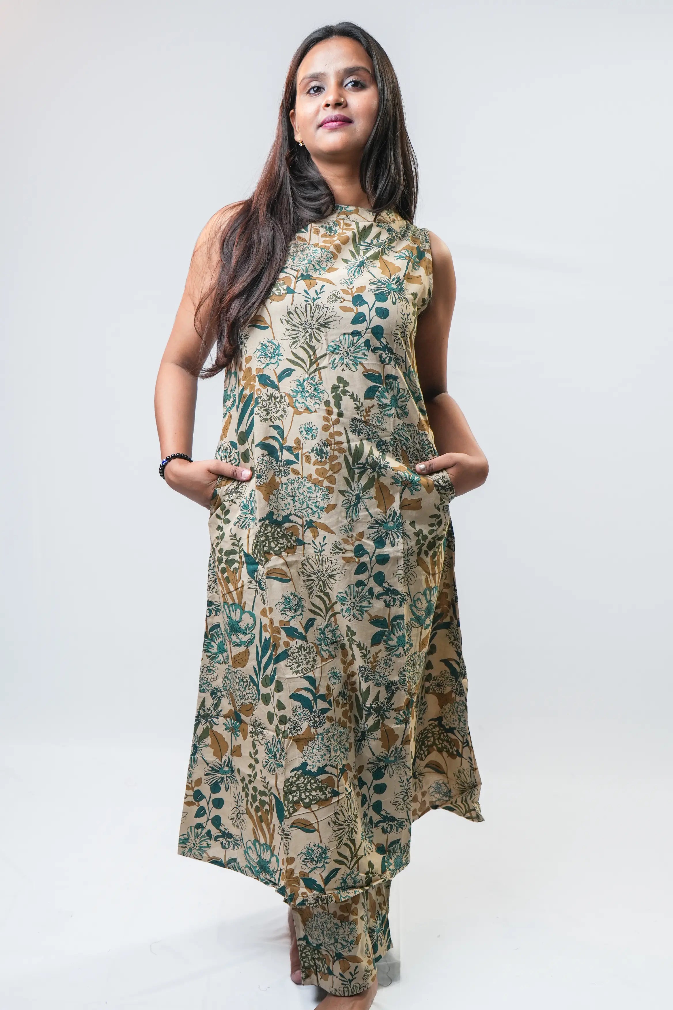 Beige Botanical Print Sleeveless A-Line Kurta Set