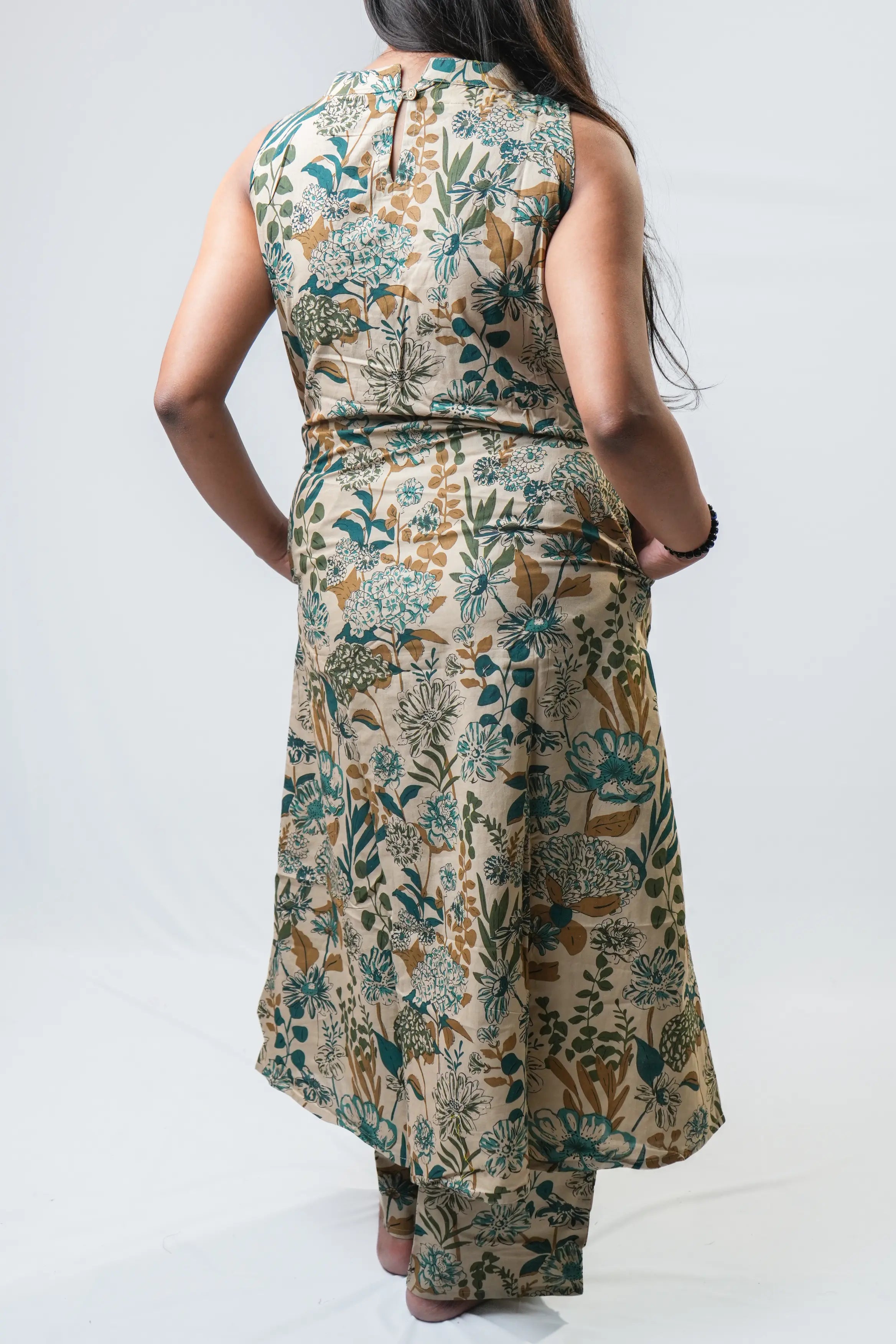 Beige Botanical Print Sleeveless A-Line Kurta Set