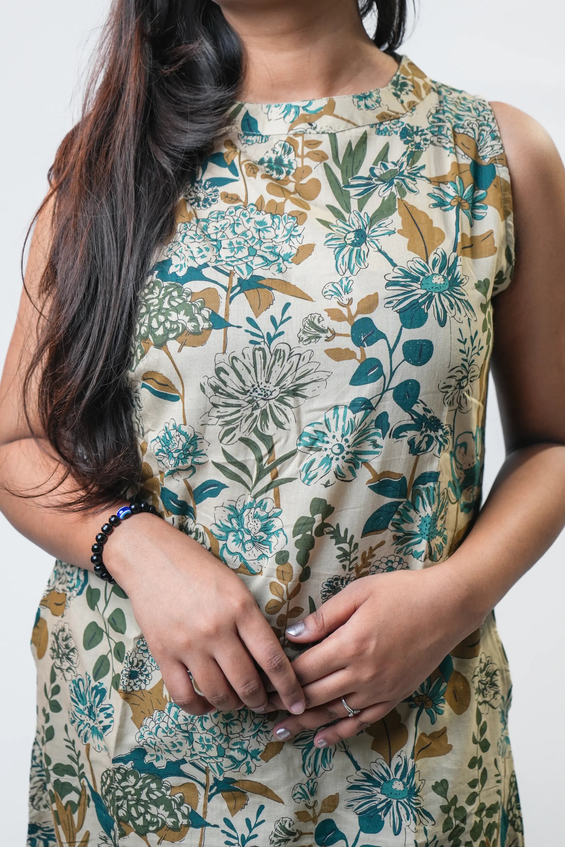 Beige Botanical Print Sleeveless A-Line Kurta Set