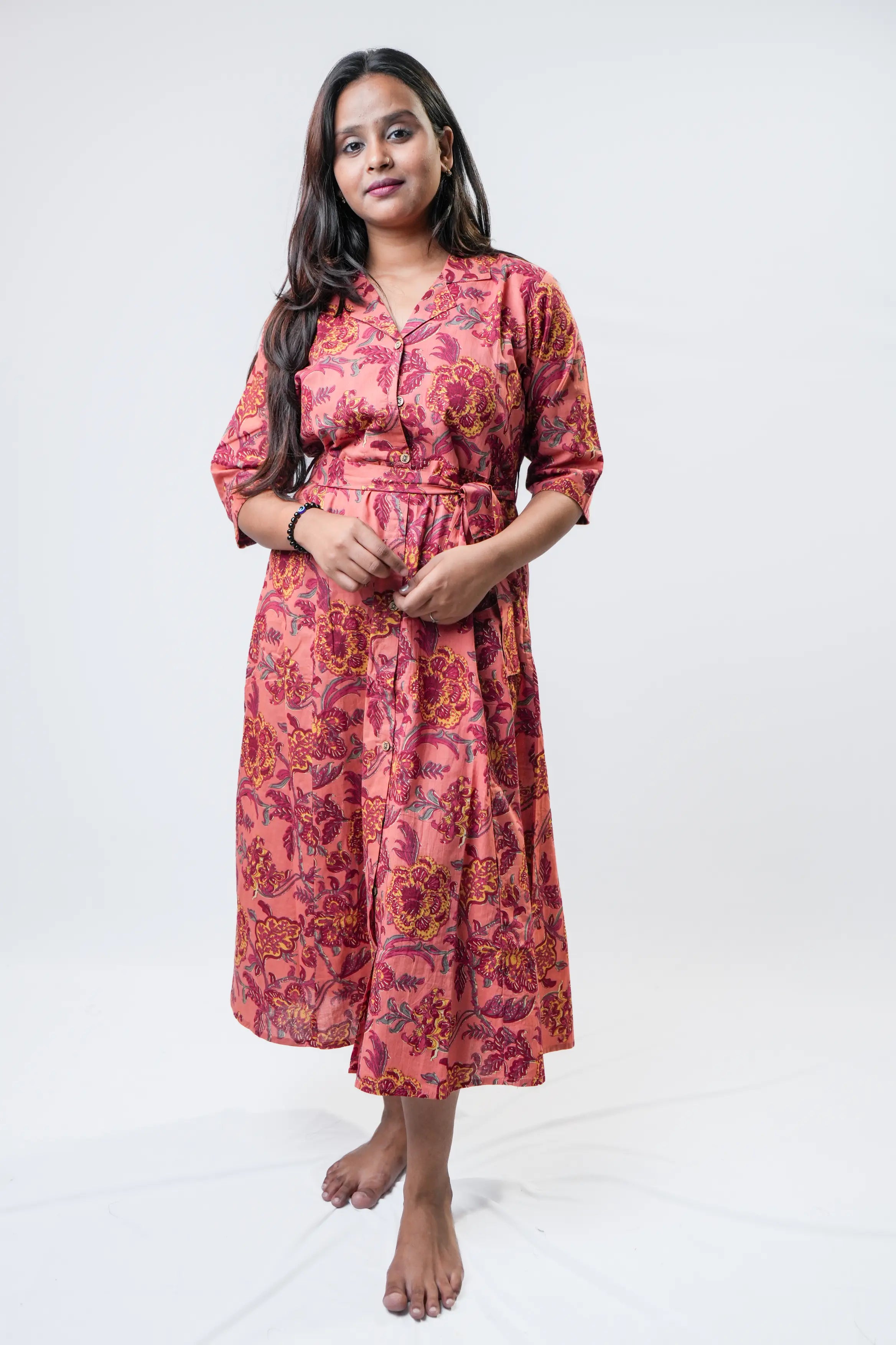 Rosy Floral Print Fit & Flare Midi Dress