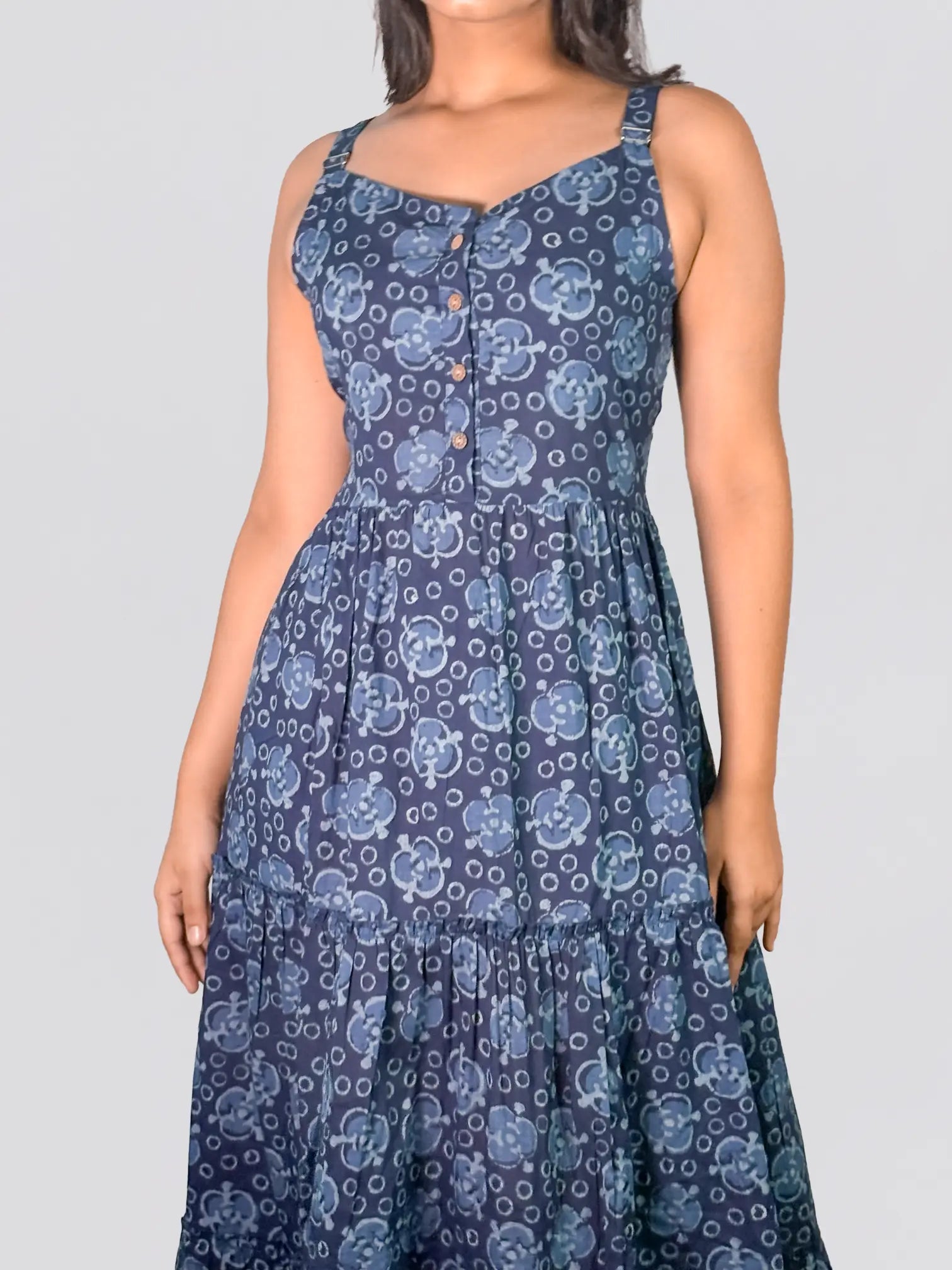 Indigo Blue Floral Printed Dress with Button Front