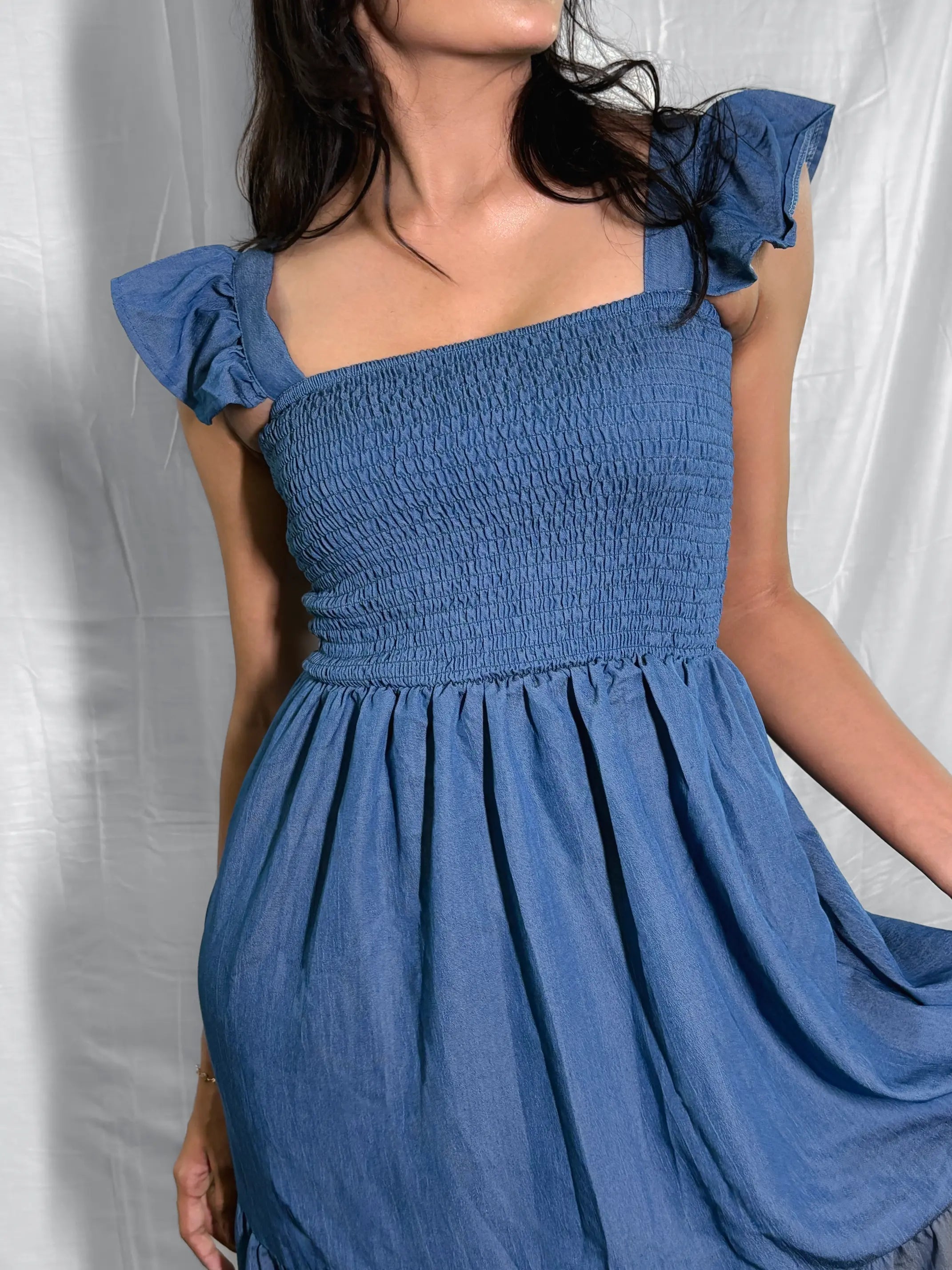 Indigo Smocked Tiered Maxi Dress with Ruffled Sleeves