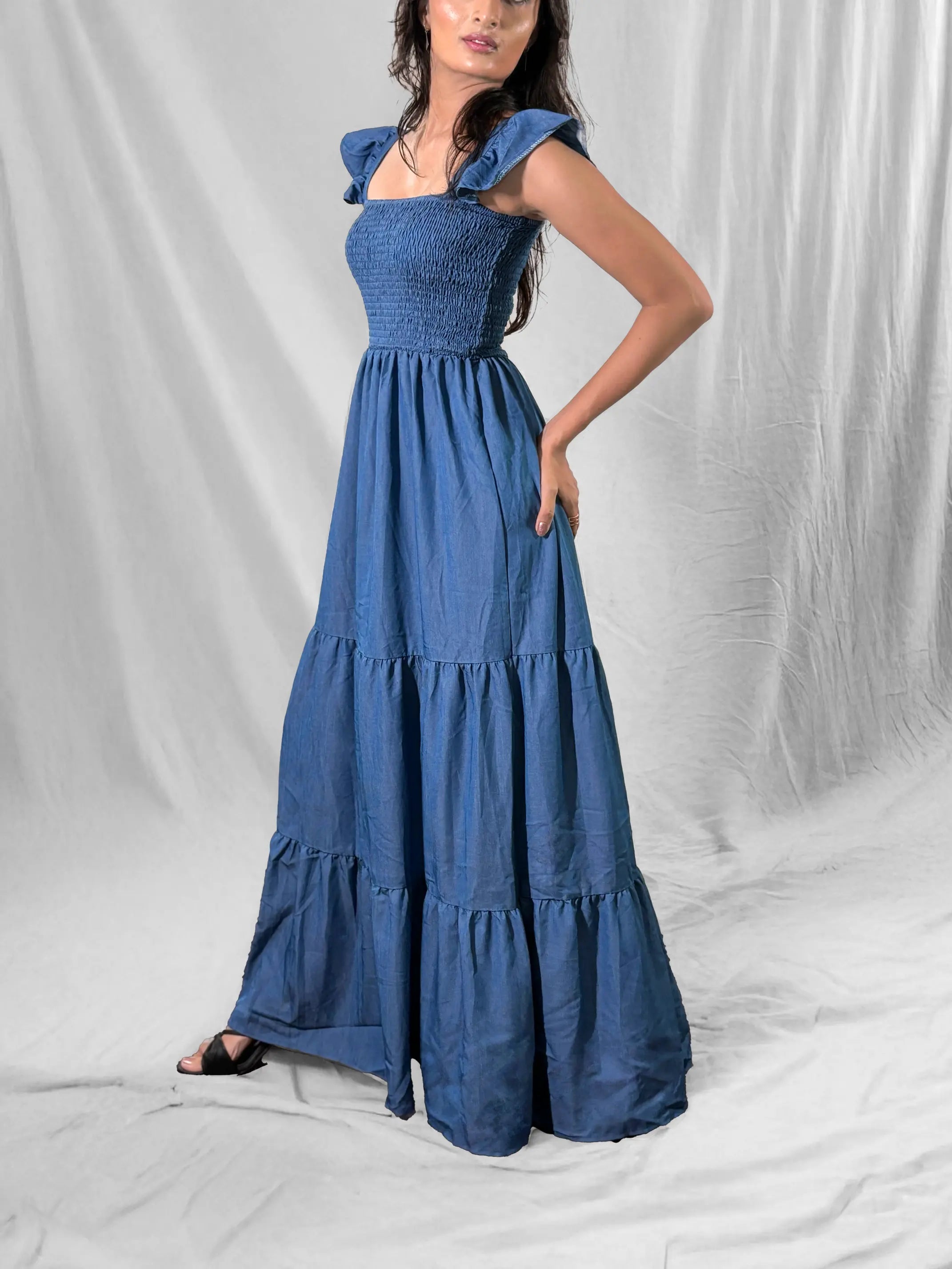 Indigo Smocked Tiered Maxi Dress with Ruffled Sleeves