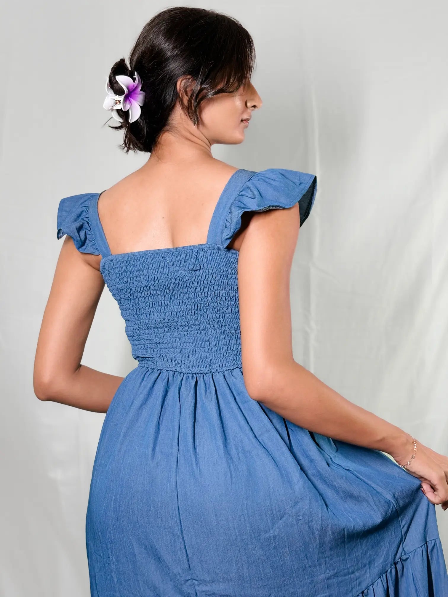 Indigo Smocked Tiered Maxi Dress with Ruffled Sleeves