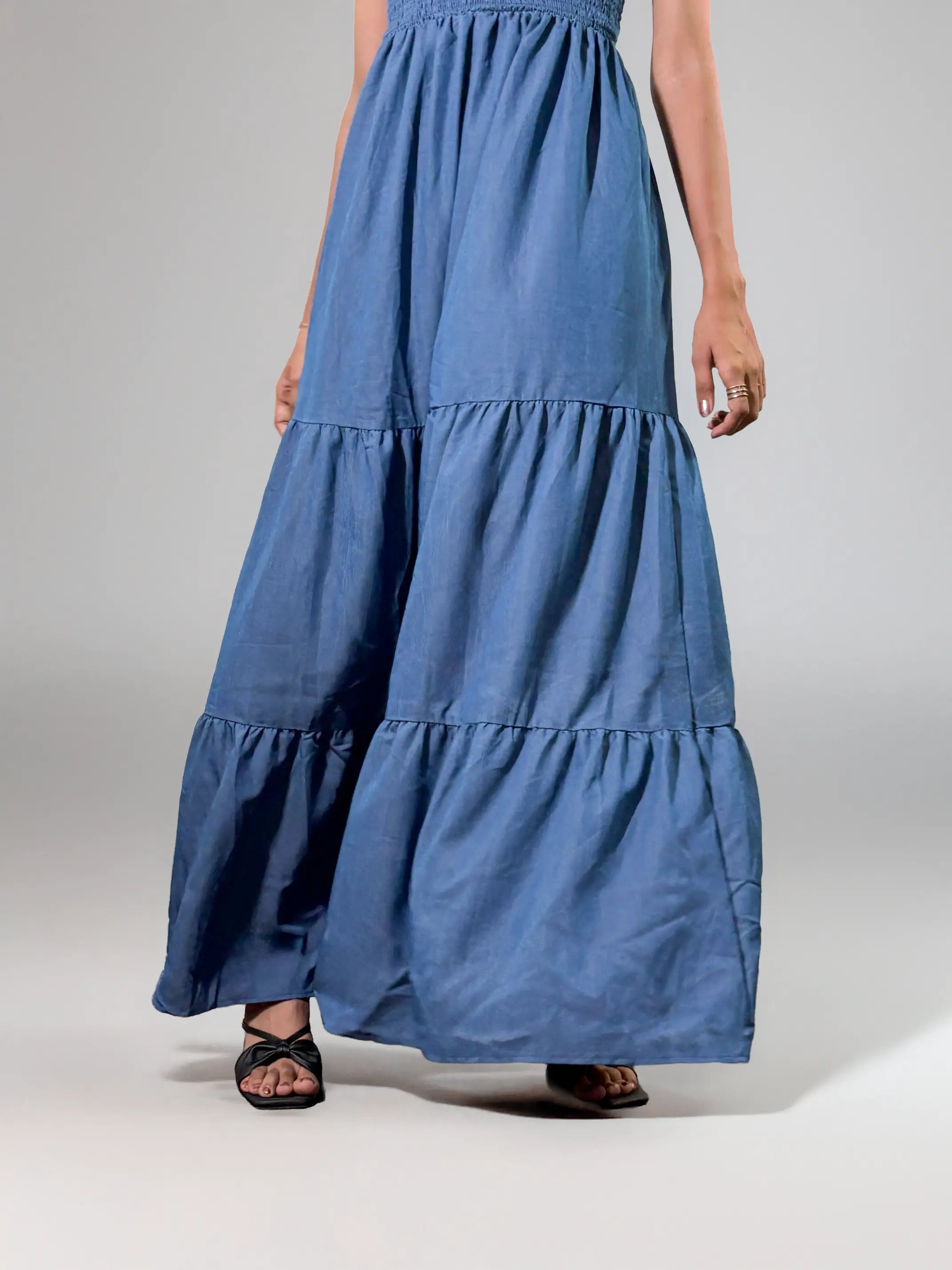 Indigo Smocked Tiered Maxi Dress with Ruffled Sleeves