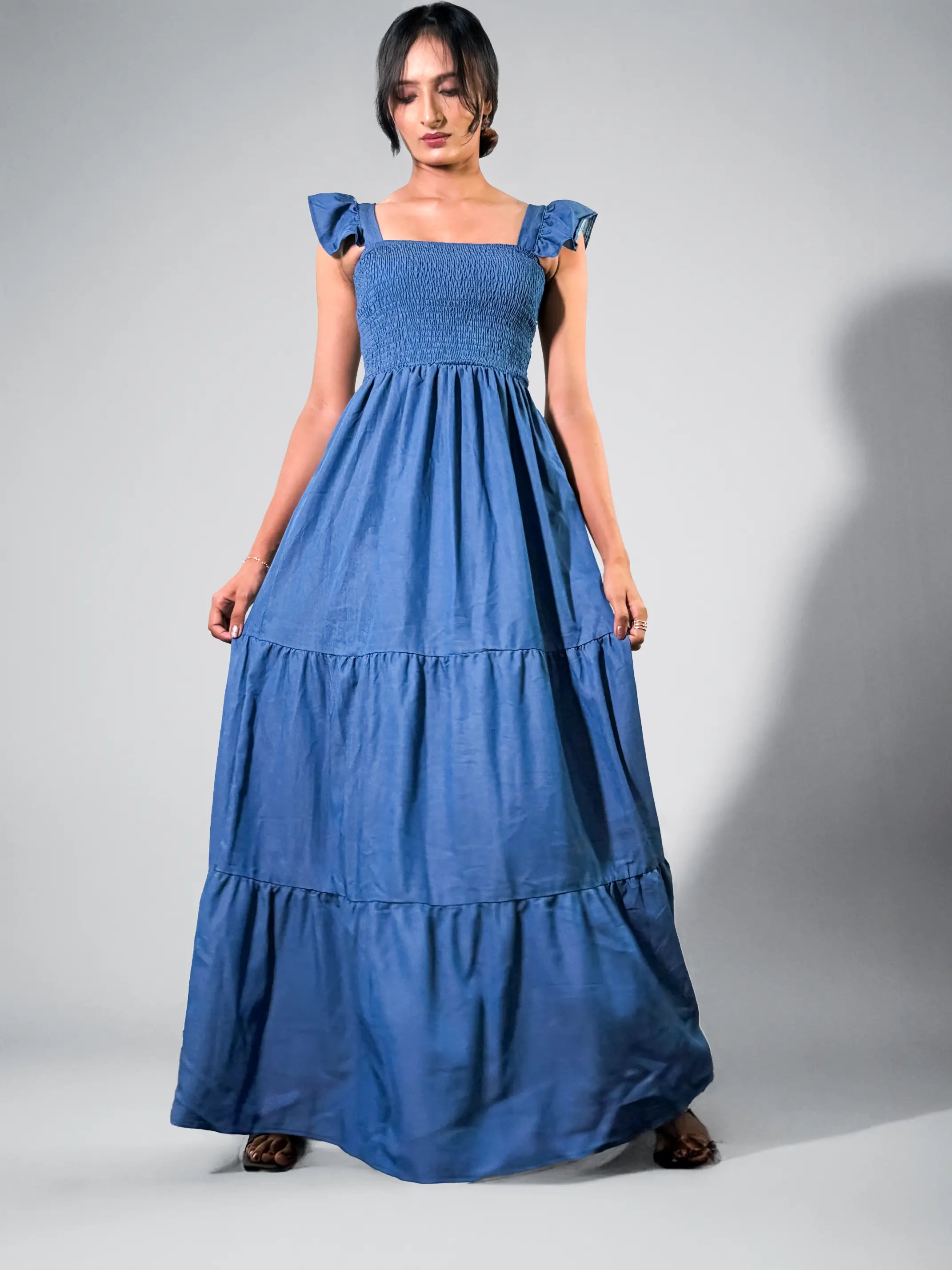 Indigo Smocked Tiered Maxi Dress with Ruffled Sleeves