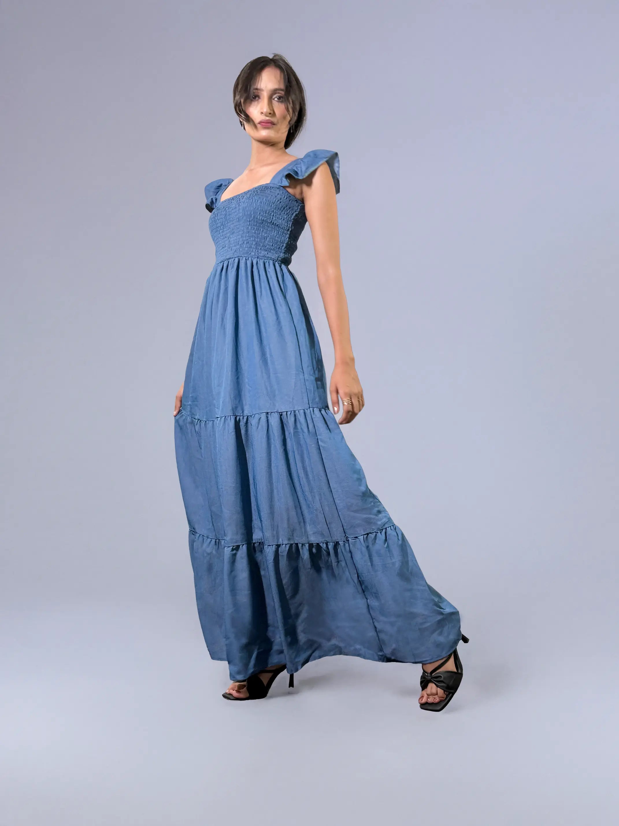 Indigo Smocked Tiered Maxi Dress with Ruffled Sleeves