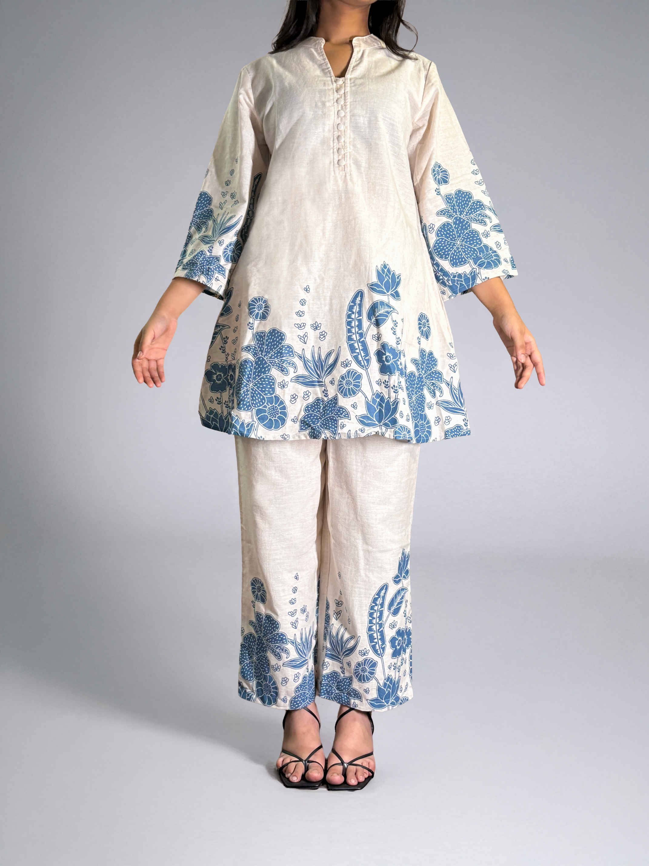Ivory & Indigo Hand block Floral Coord Set - Al-SS1-25-0001