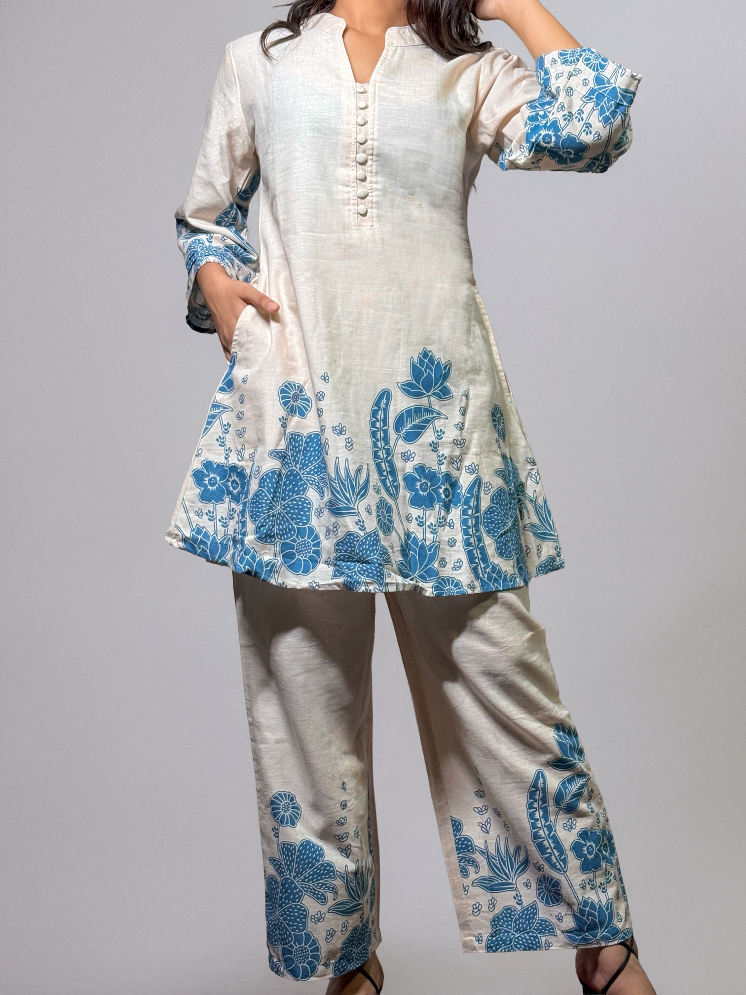 Ivory & Indigo Hand block Floral Coord Set - Al-SS1-25-0001