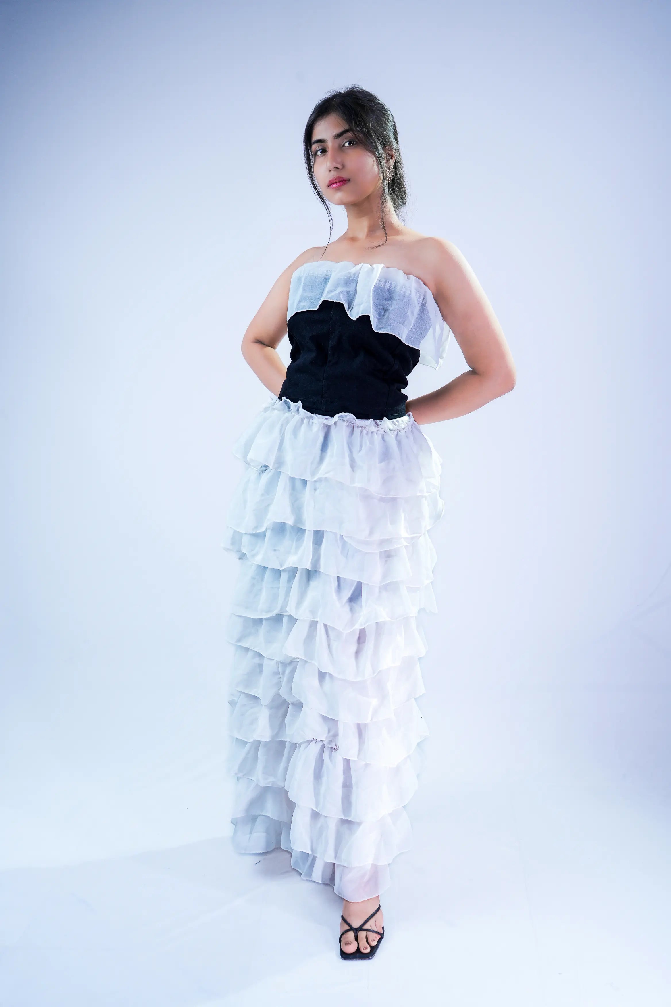 Black and White Strapless Ruffle Gown