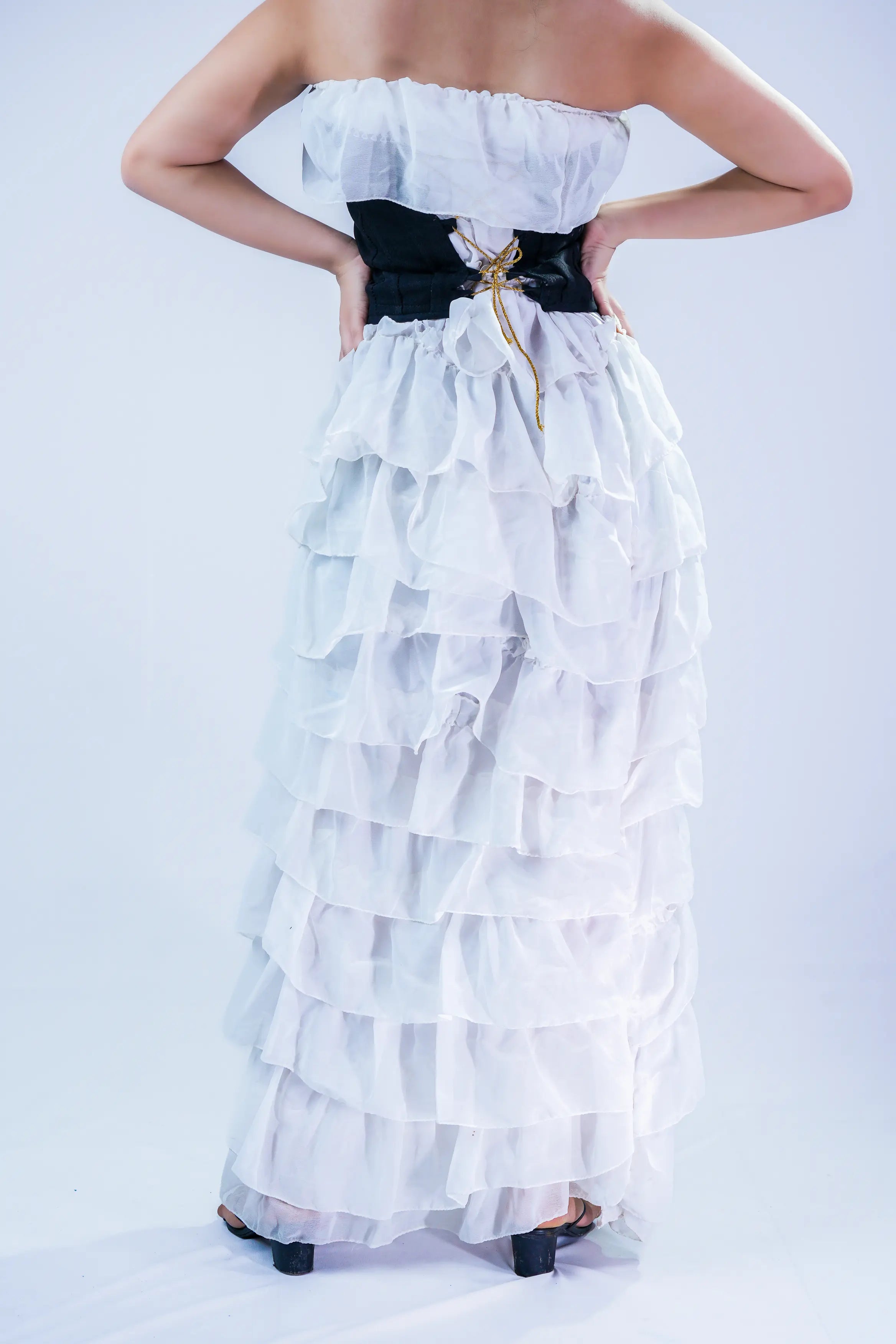 Black and White Strapless Ruffle Gown