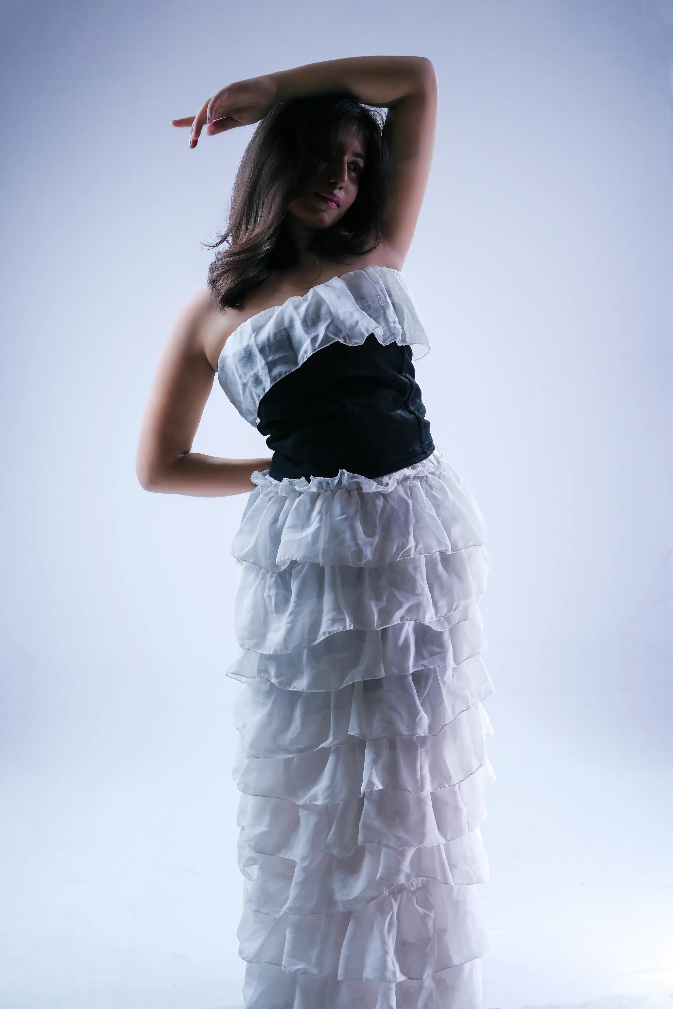 Black and White Strapless Ruffle Gown