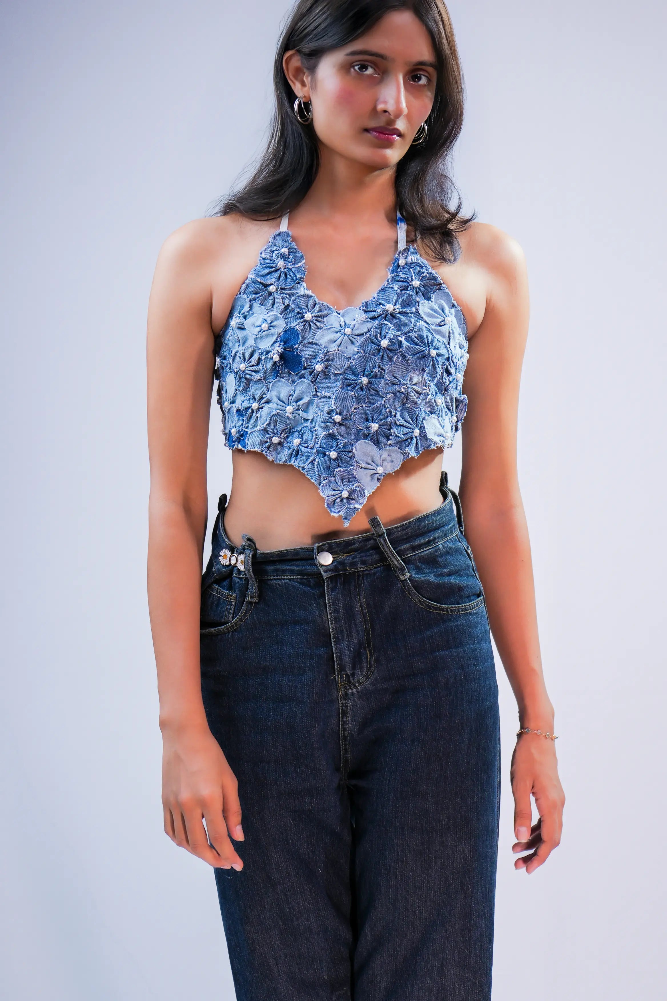 Blue Printed Tie-Up Strap Top