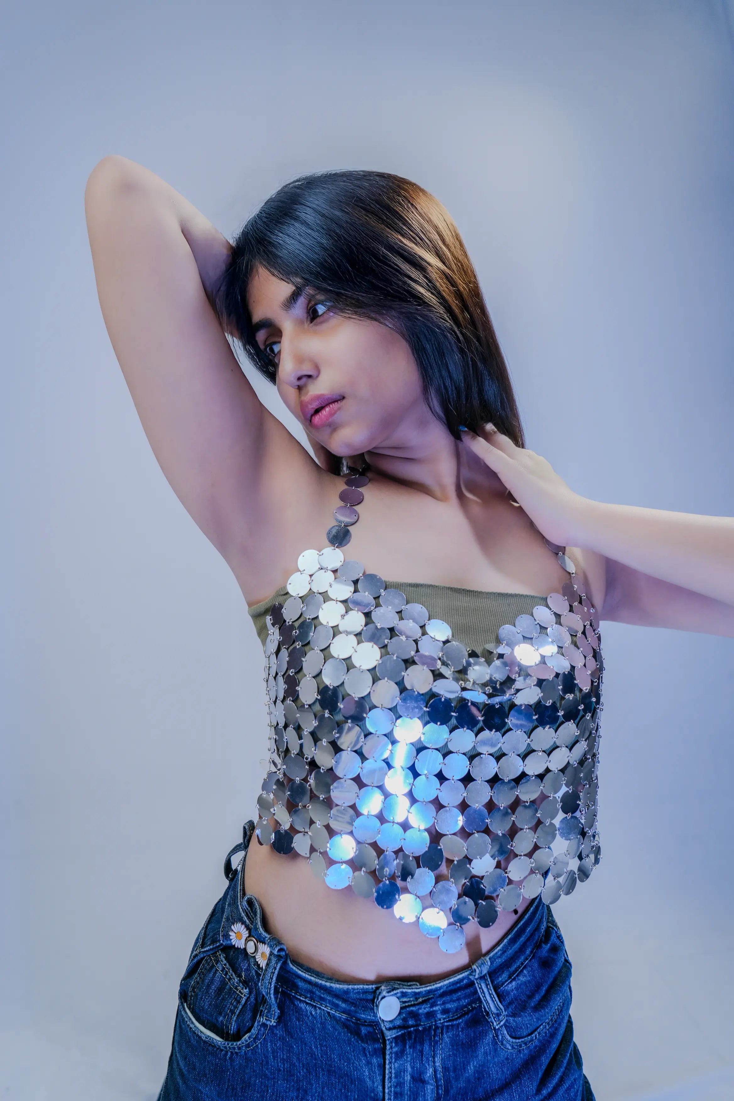 Silver Mirror Sequin Halter Top