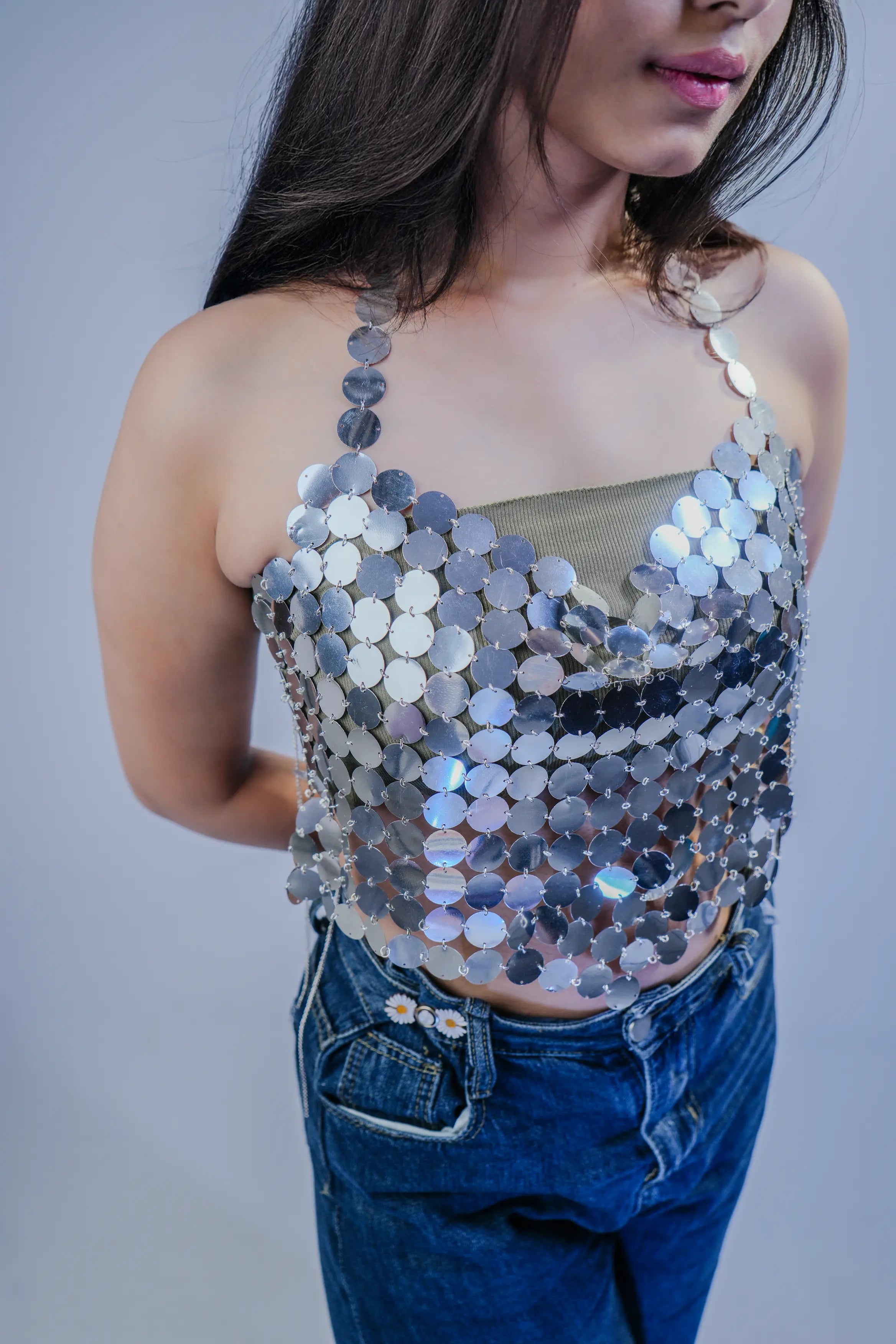 Silver Mirror Sequin Halter Top
