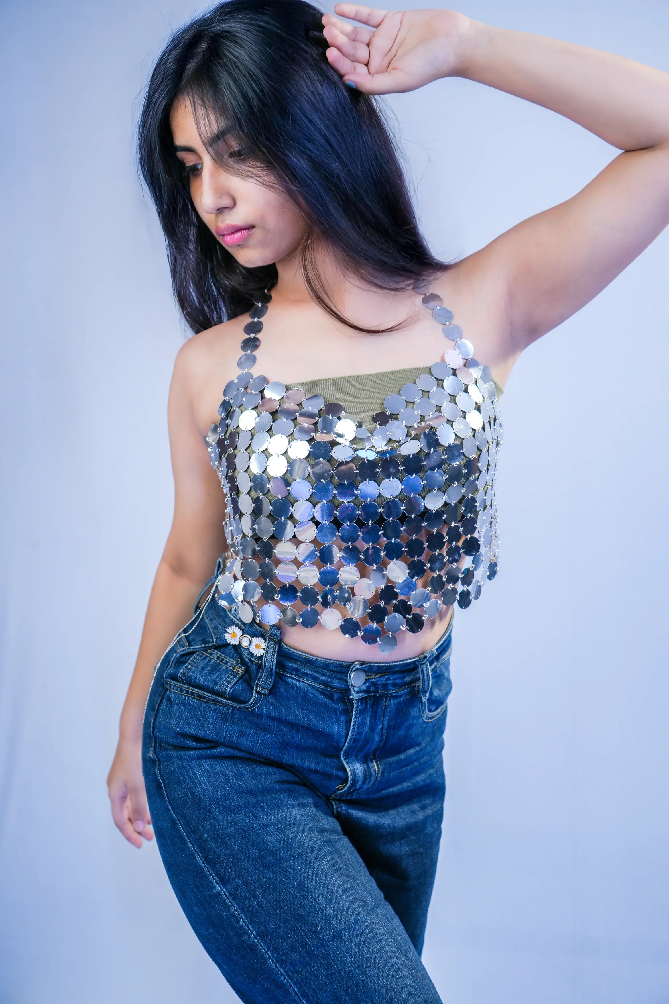 Silver Mirror Sequin Halter Top