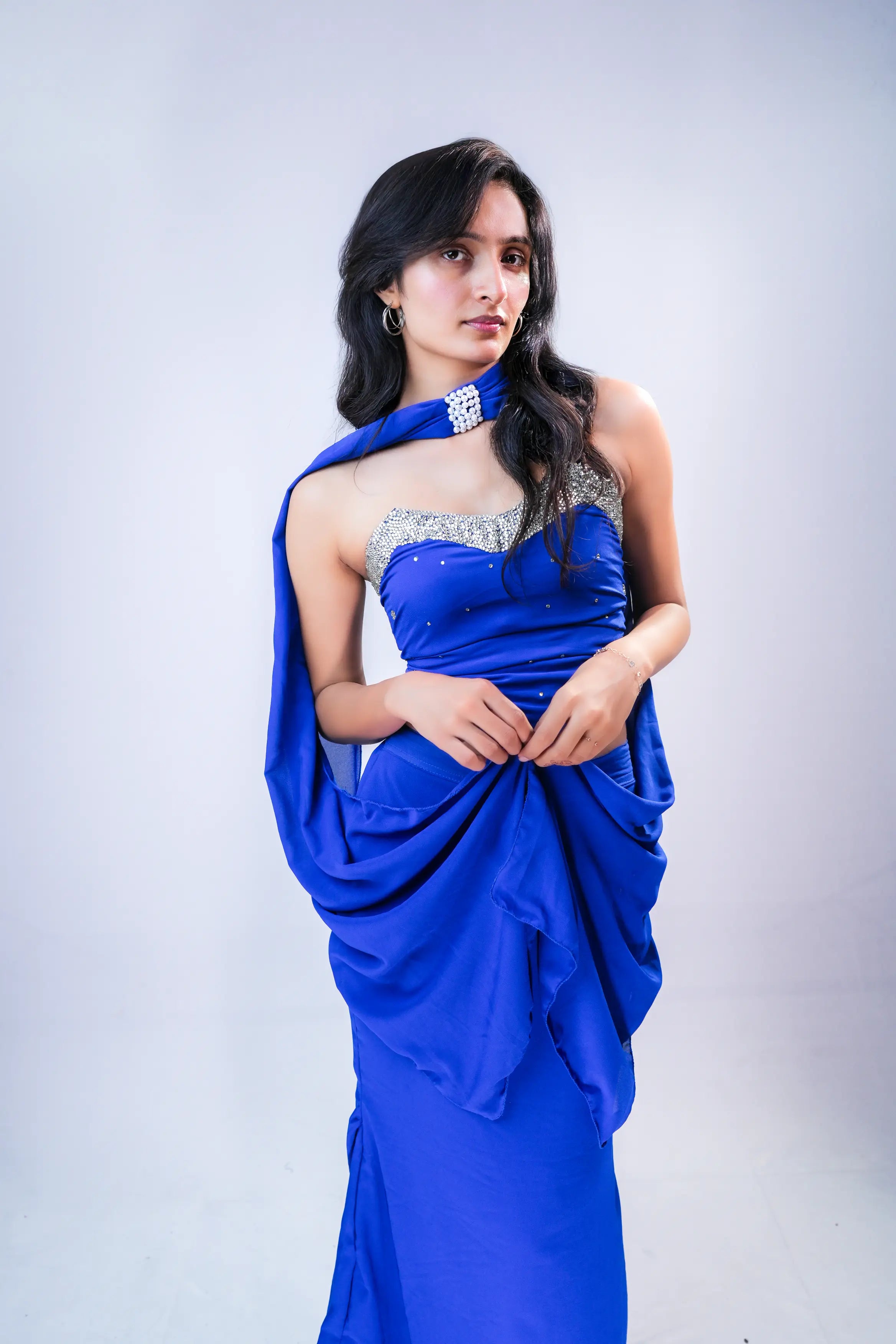 Royal Blue Mirror Embellished Ruffle Saree Set