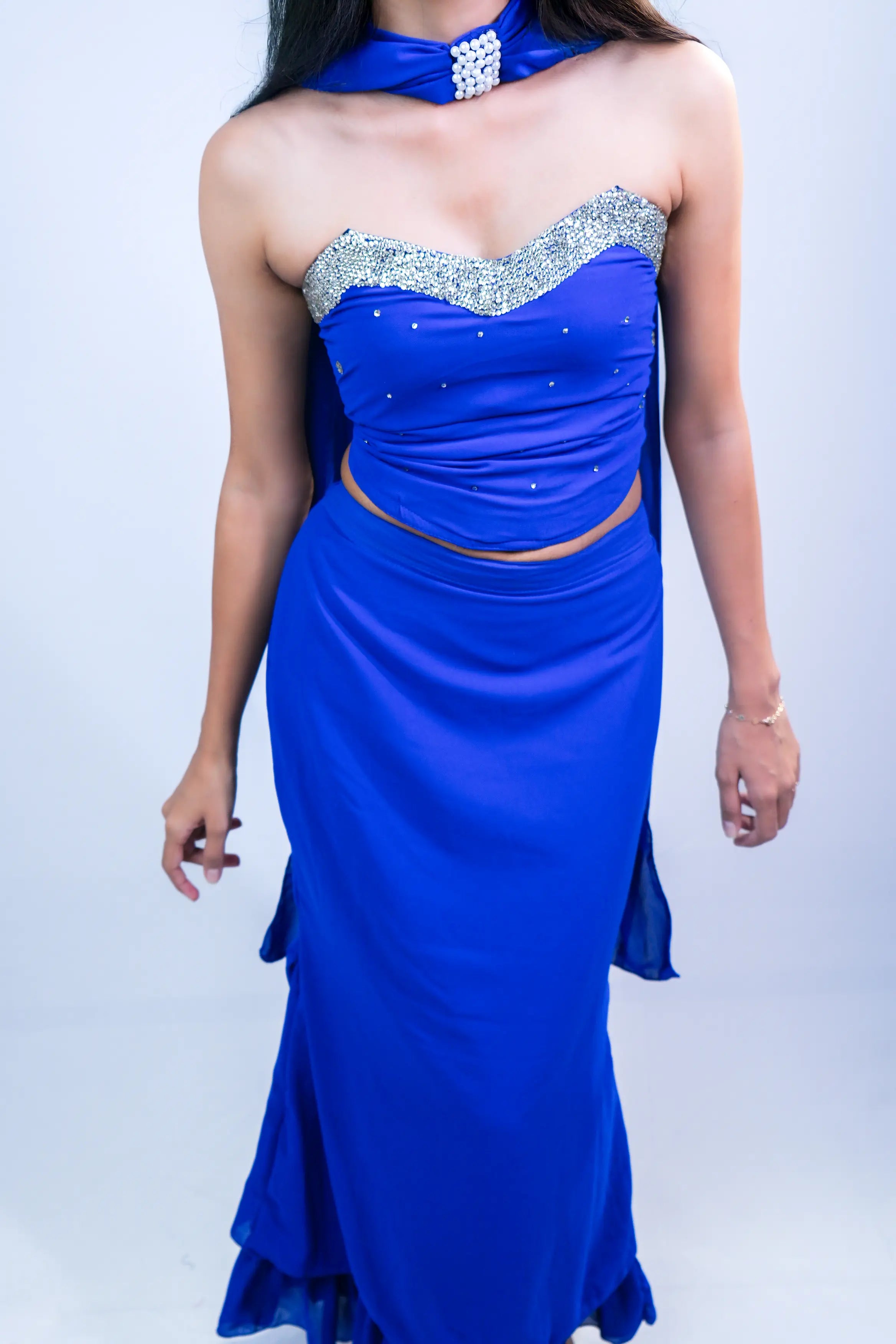 Royal Blue Mirror Embellished Ruffle Saree Set
